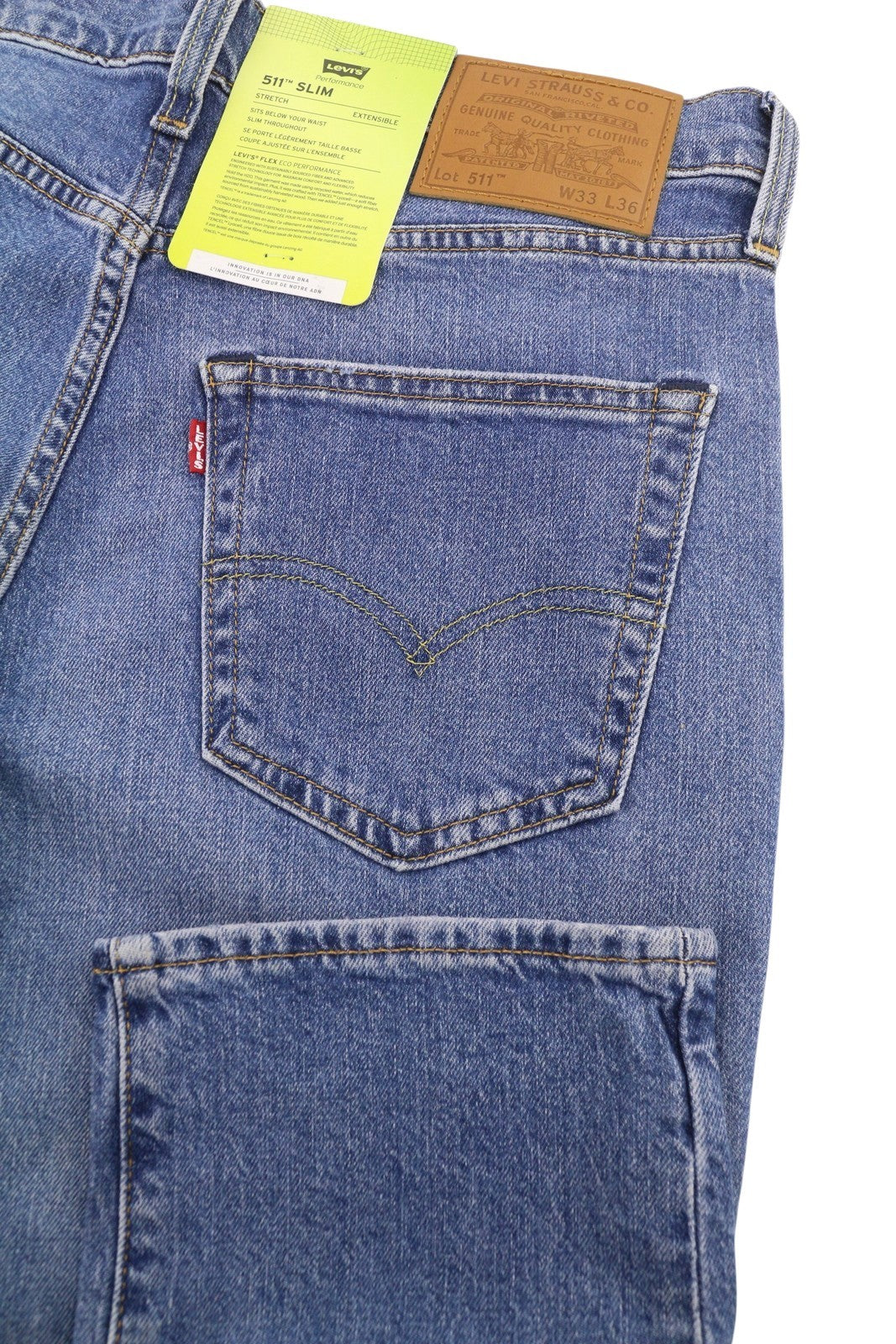 LEVI'S 511 Slim Men Jeans W33/L36 Blue Whiskers Faded Flex Premium Big E