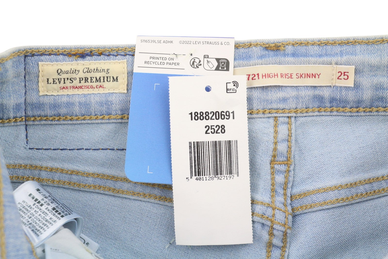 LEVI'S 721 High Rise Skinny Women Jeans W25/L28 Blue Faded Premium Big E