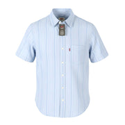 LEVI'S Standard Men Shirt S Blue Pinstriped Linen Blend Short Sleeved