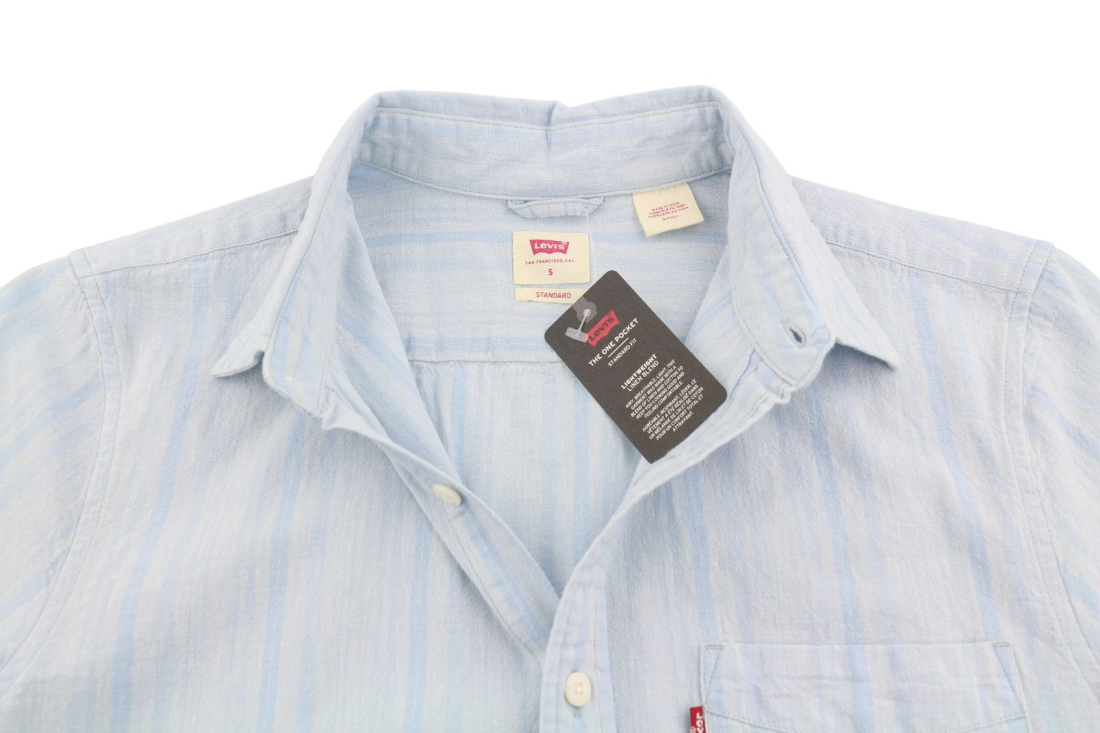 LEVI'S Standard Men Shirt S Blue Pinstriped Linen Blend Short Sleeved