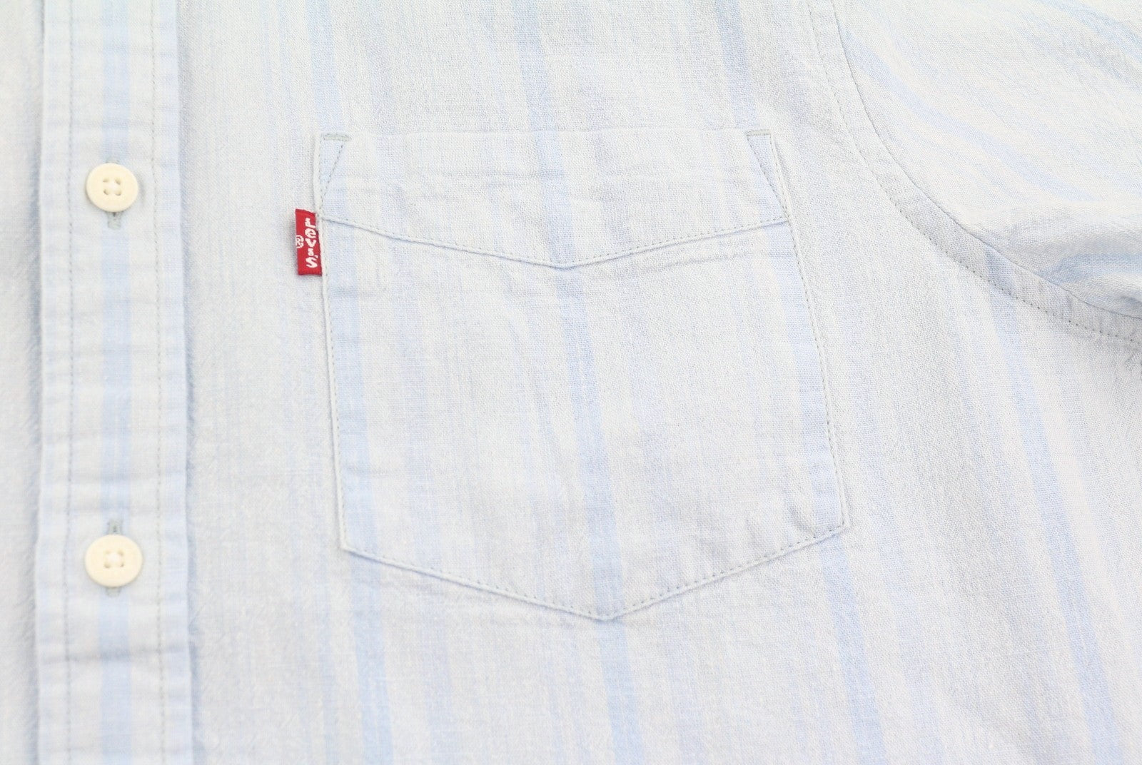 LEVI'S Standard Men Shirt S Blue Pinstriped Linen Blend Short Sleeved