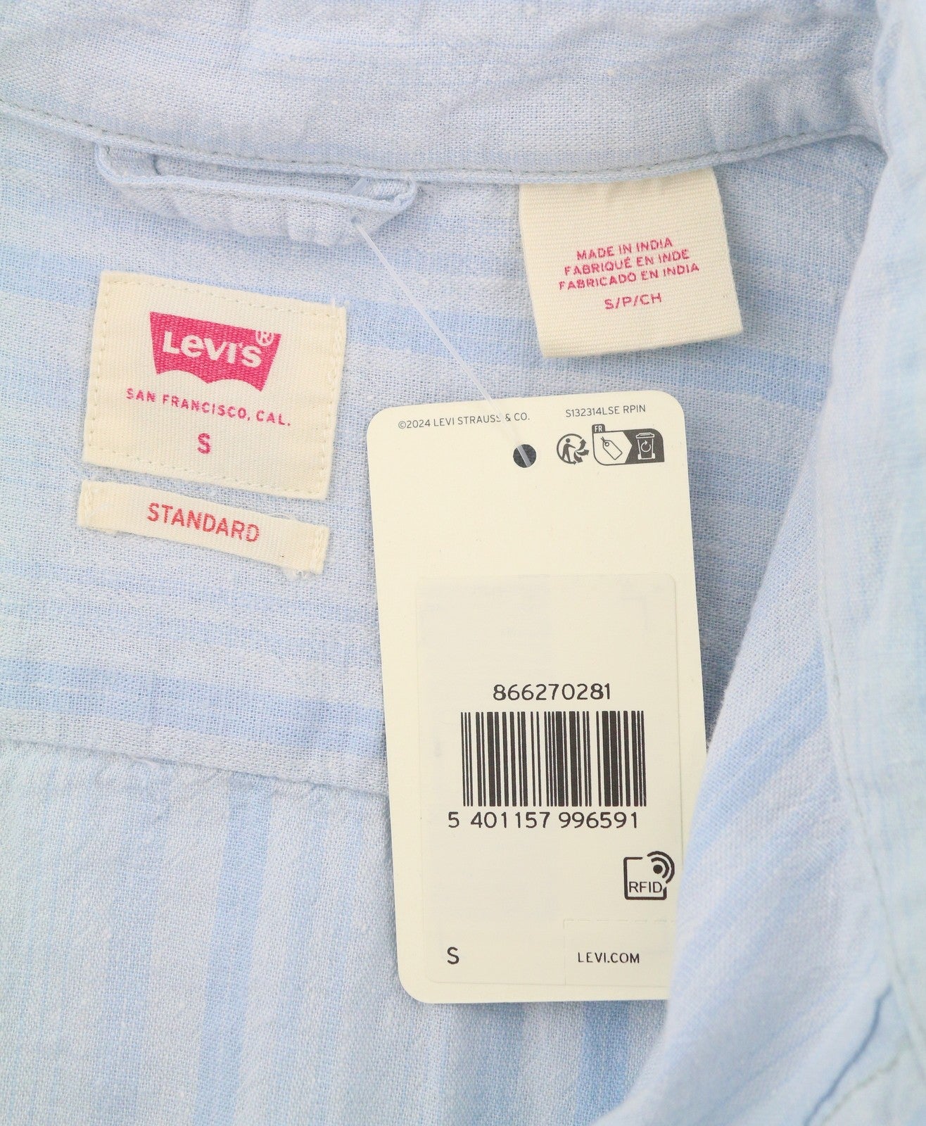 LEVI'S Standard Men Shirt S Blue Pinstriped Linen Blend Short Sleeved