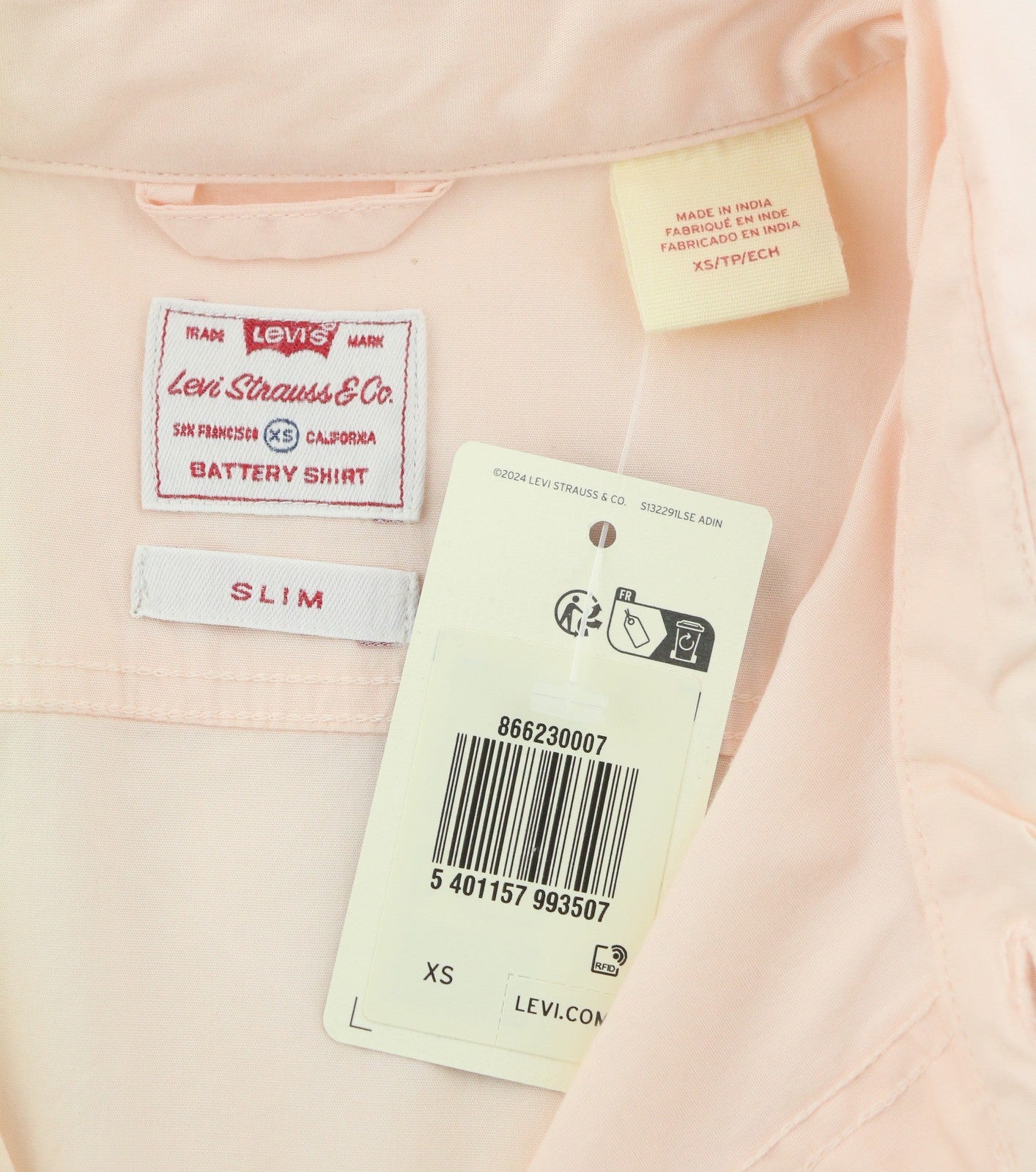 LEVI'S Battery Slim Men Shirt XS Pink Button Up Spread Short Sleeved