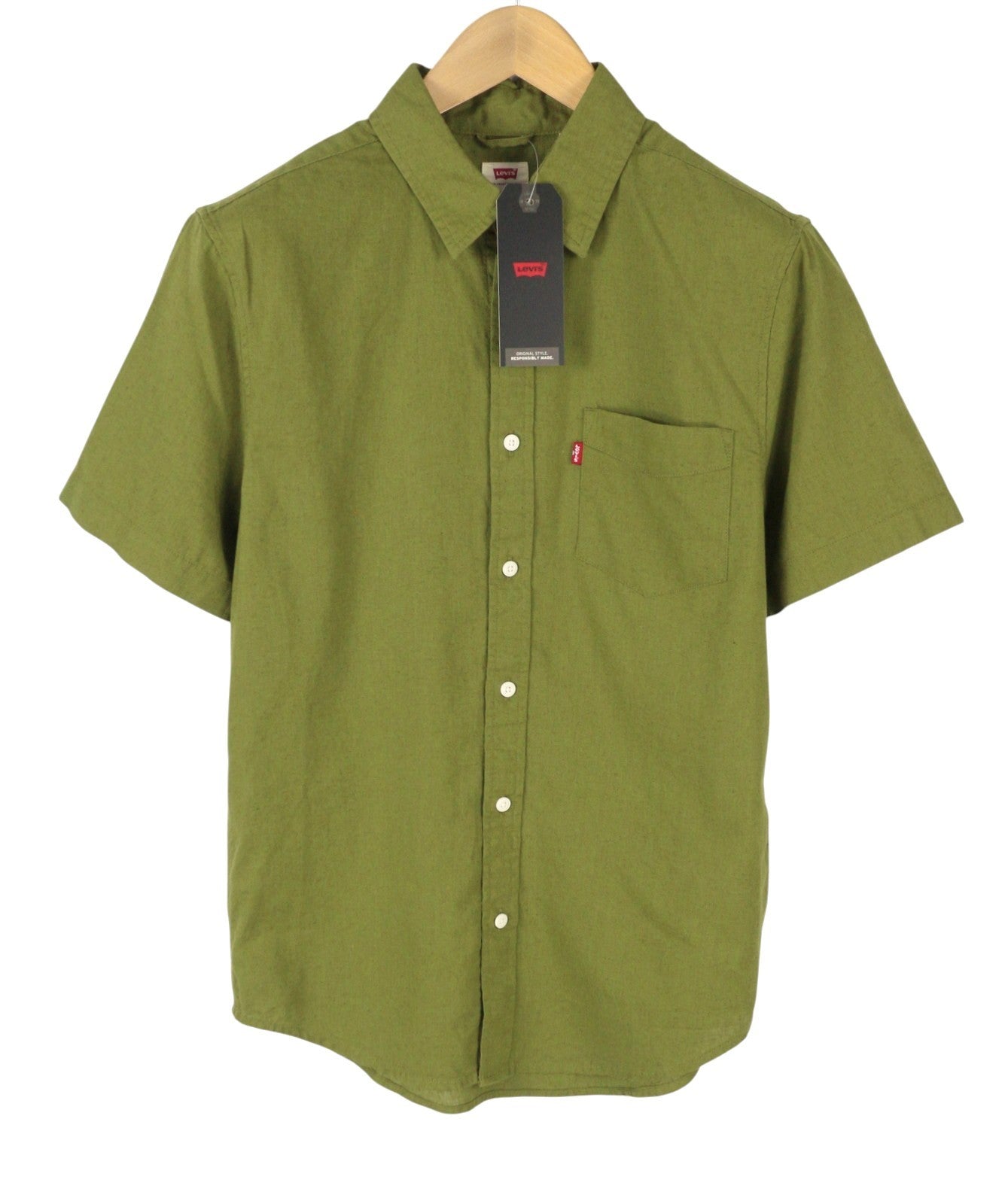 LEVI'S Standard Men Shirt S Green Linen Blend Button Up Short Sleeve