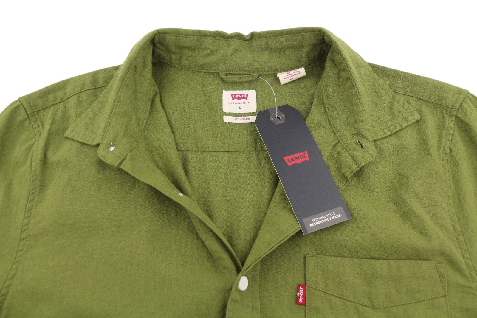 LEVI'S Standard Men Shirt S Green Linen Blend Button Up Short Sleeve