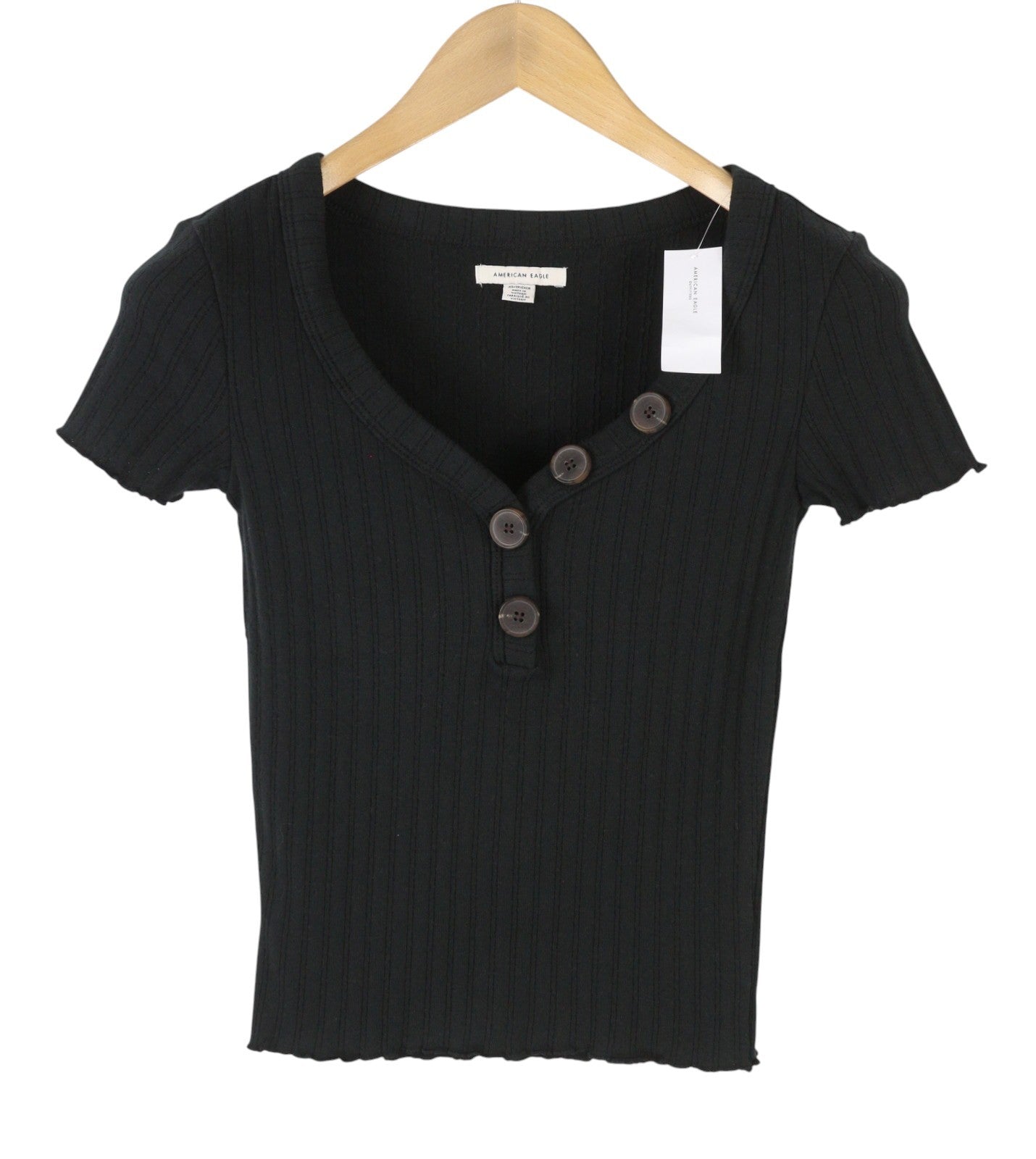 AMERICAN EAGLE OUTFITTERS Women T-Shirt XS Black Ribbed Cropped Short Sleeve