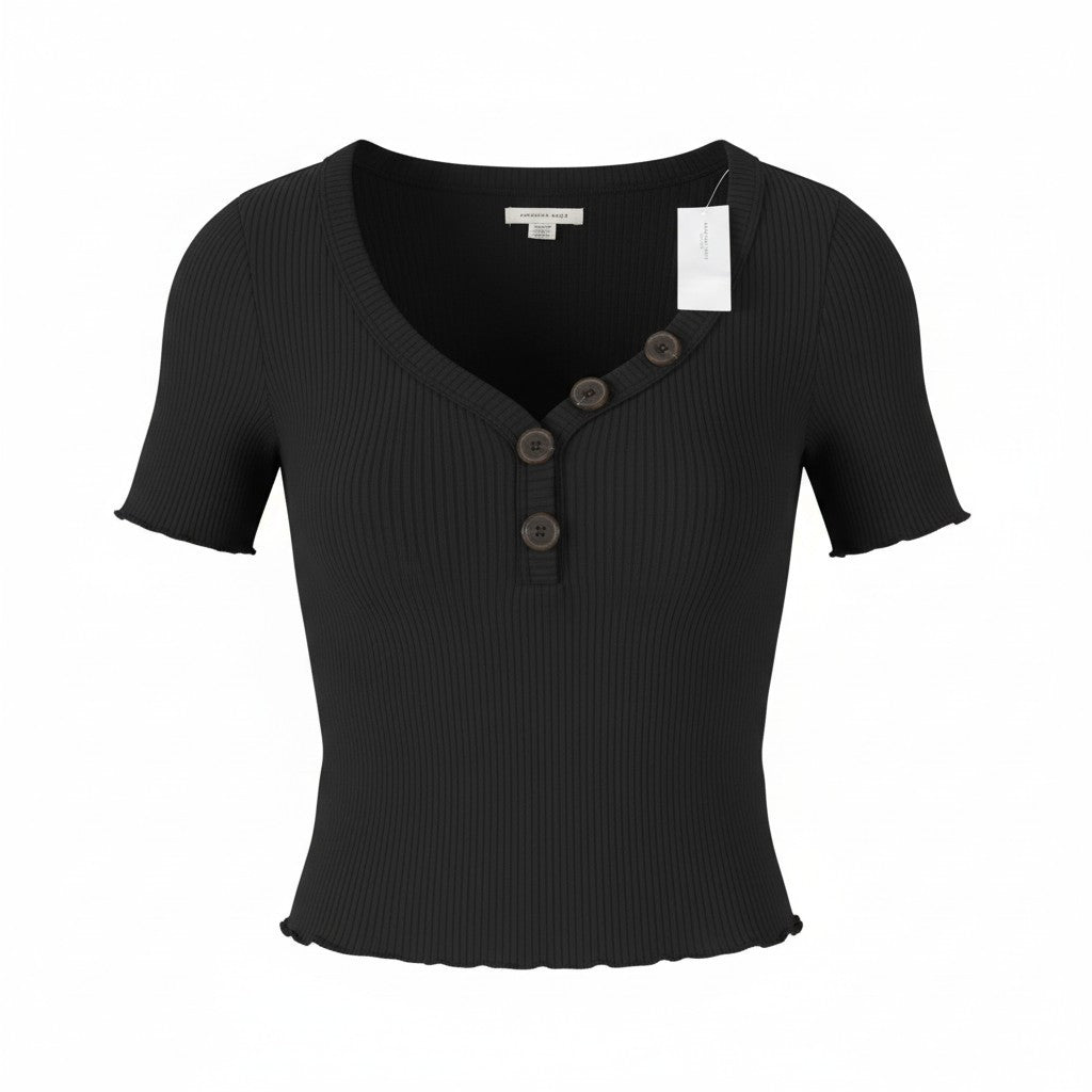 AMERICAN EAGLE OUTFITTERS Women T-Shirt S Black Ribbed Cropped Short Sleeve