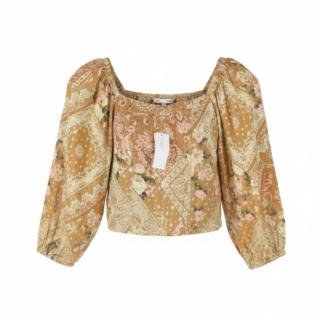 AMERICAN EAGLE OUTFITTERS Women Blouse XS Brown Floral Print Cropped 3/4 Sleeves