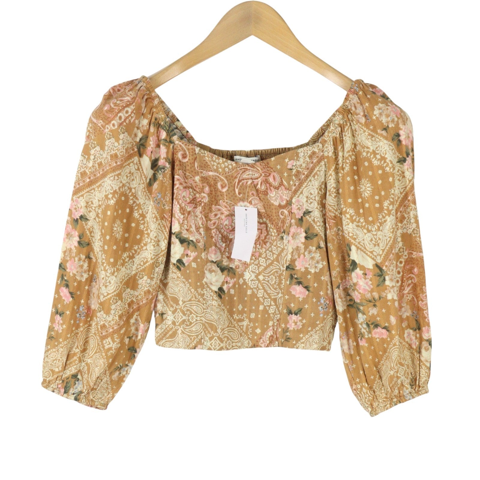 AMERICAN EAGLE OUTFITTERS Women Blouse XS Brown Floral Print Cropped 3/4 Sleeves
