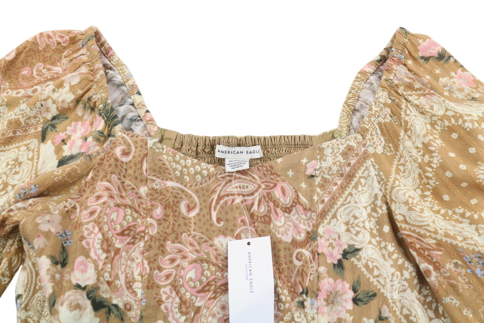 AMERICAN EAGLE OUTFITTERS Women Blouse XS Brown Floral Print Cropped 3/4 Sleeves