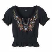 AMERICAN EAGLE OUTFITTERS Women T-Shirt S Dark Blue Embroidered Short Sleeve