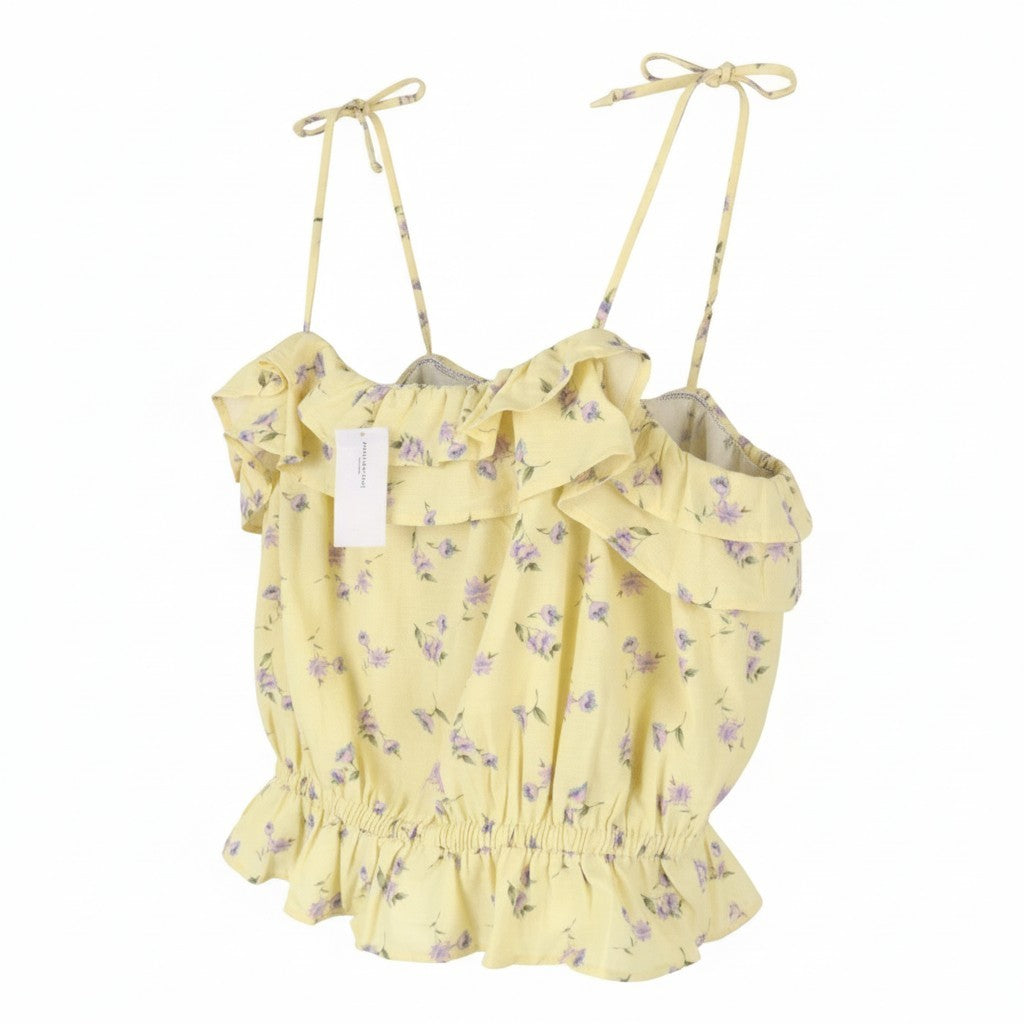 AMERICAN EAGLE OUTFITTERS Women T-Shirt XL Yellow Floral Cropped Sleeveless
