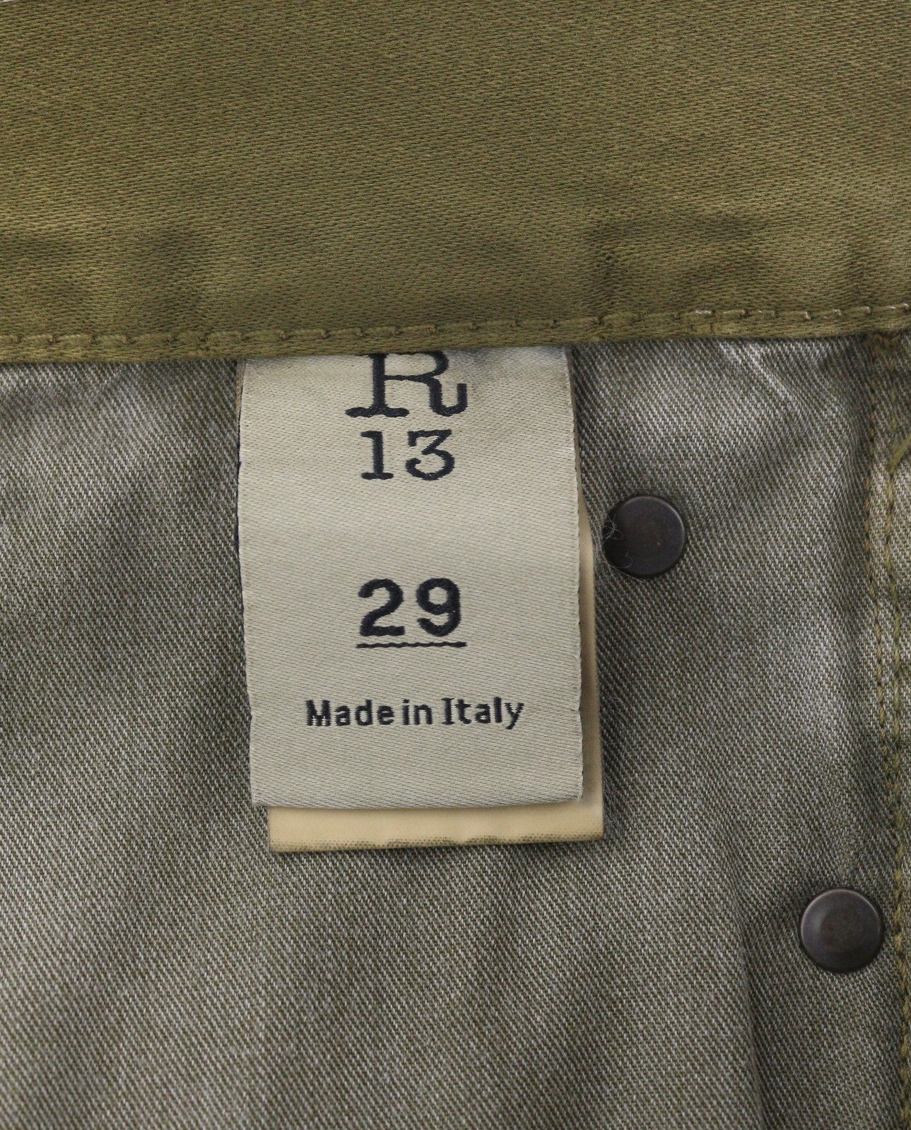 R13 Boyfriend moteriškos kelnės 29 alyvuogių spalvos, dažytos moleskino spalvos, trumpintos, išblukintos, FW25 