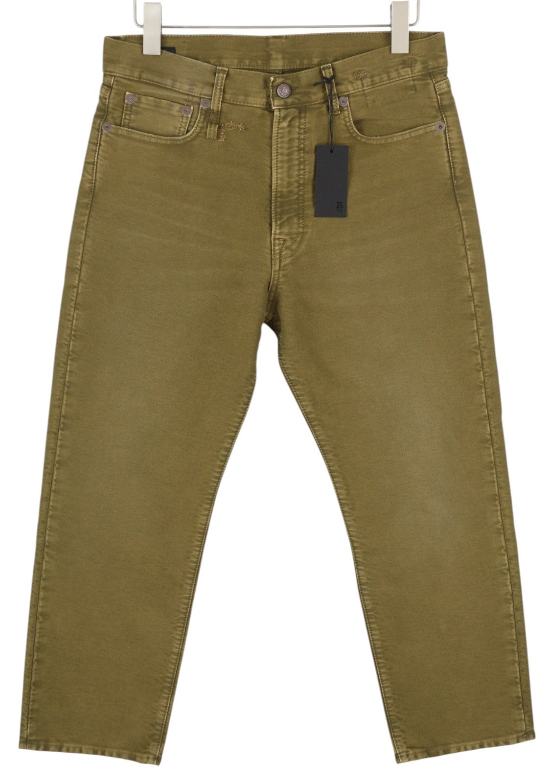 R13 Boyfriend moteriškos kelnės 28 alyvuogių spalvos, dažytos moleskino spalvos, trumpintos, išblukintos, FW25 