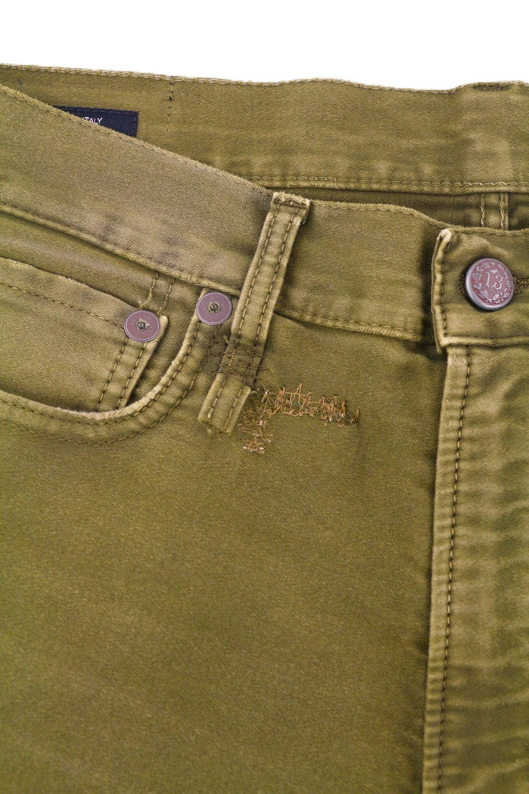 R13 Boyfriend moteriškos kelnės 28 alyvuogių spalvos, dažytos moleskino spalvos, trumpintos, išblukintos, FW25 