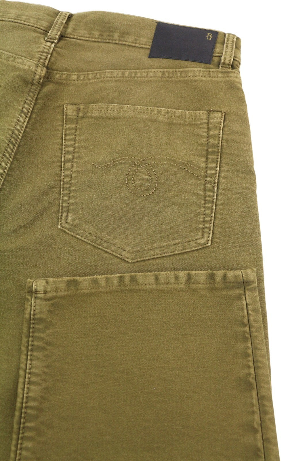 R13 Boyfriend moteriškos kelnės 28 alyvuogių spalvos, dažytos moleskino spalvos, trumpintos, išblukintos, FW25 