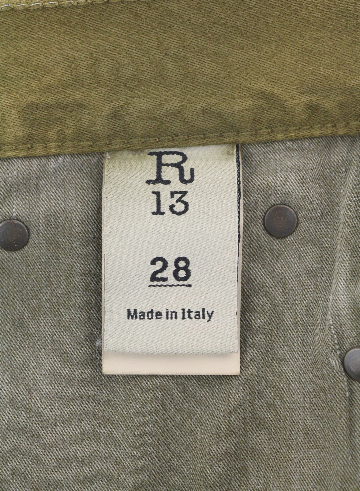 R13 Boyfriend moteriškos kelnės 28 alyvuogių spalvos, dažytos moleskino spalvos, trumpintos, išblukintos, FW25 