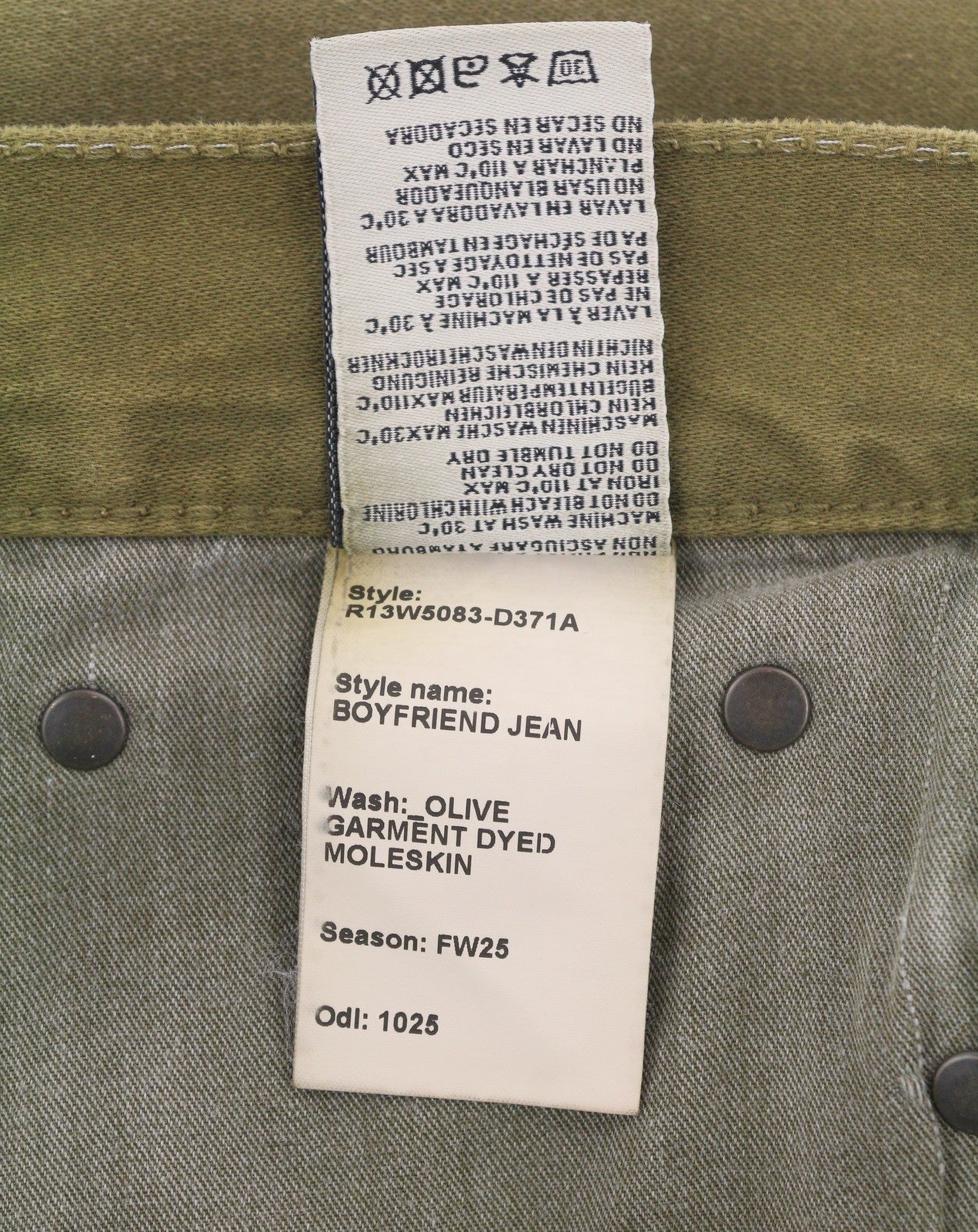 R13 Boyfriend moteriškos kelnės 28 alyvuogių spalvos, dažytos moleskino spalvos, trumpintos, išblukintos, FW25 