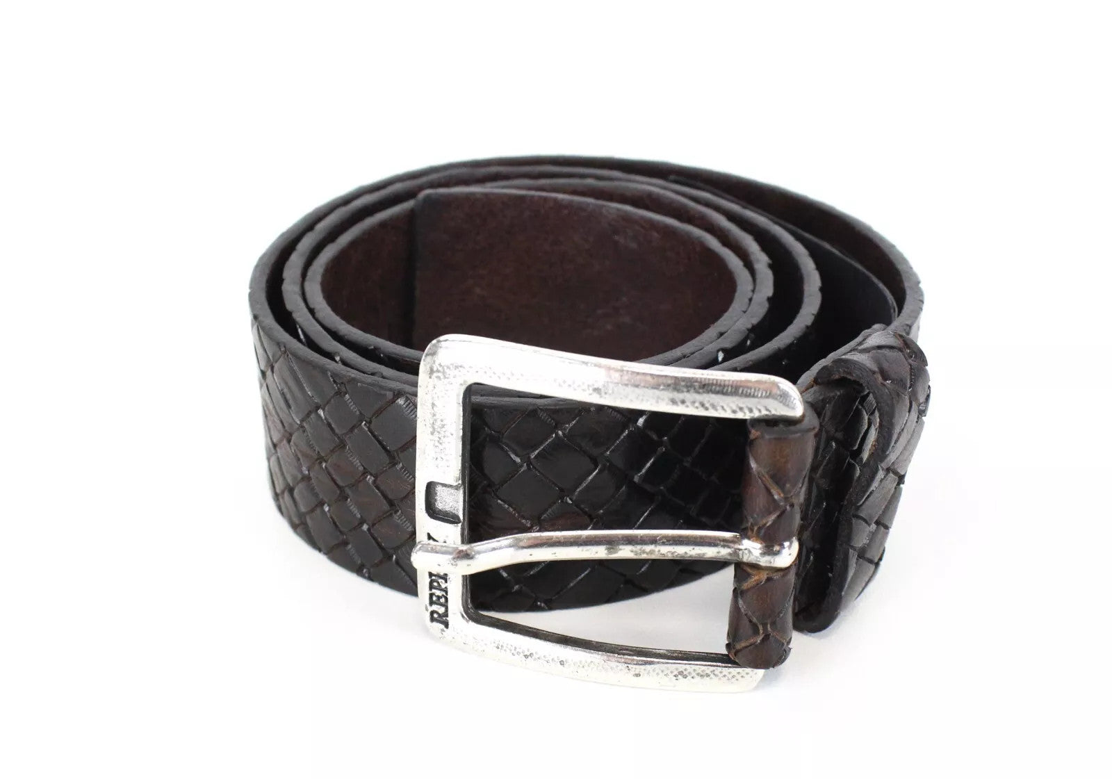 REPLAY Men Belt 85 cm Brown Patterned Genuine Cow Leather Squared-End Buckle