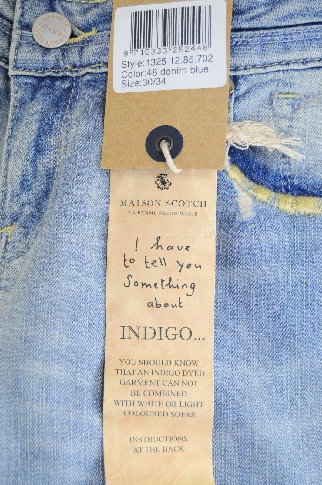 MAISON SCOTCH Women Jeans W30/L34 Slim Fit Cotton Stretch Washed Blue Ripped