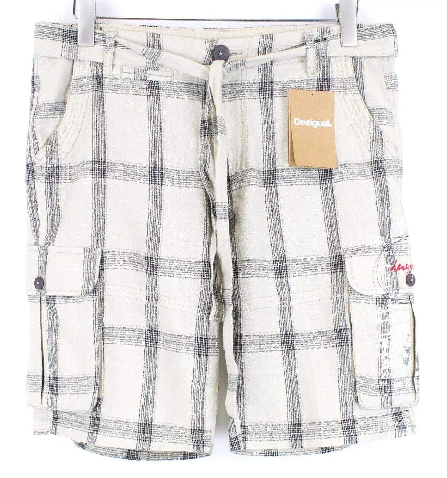 DESIGUAL Marc Men Shorts W32 Checked Pattern Linen Cotton Summer Sand Brown