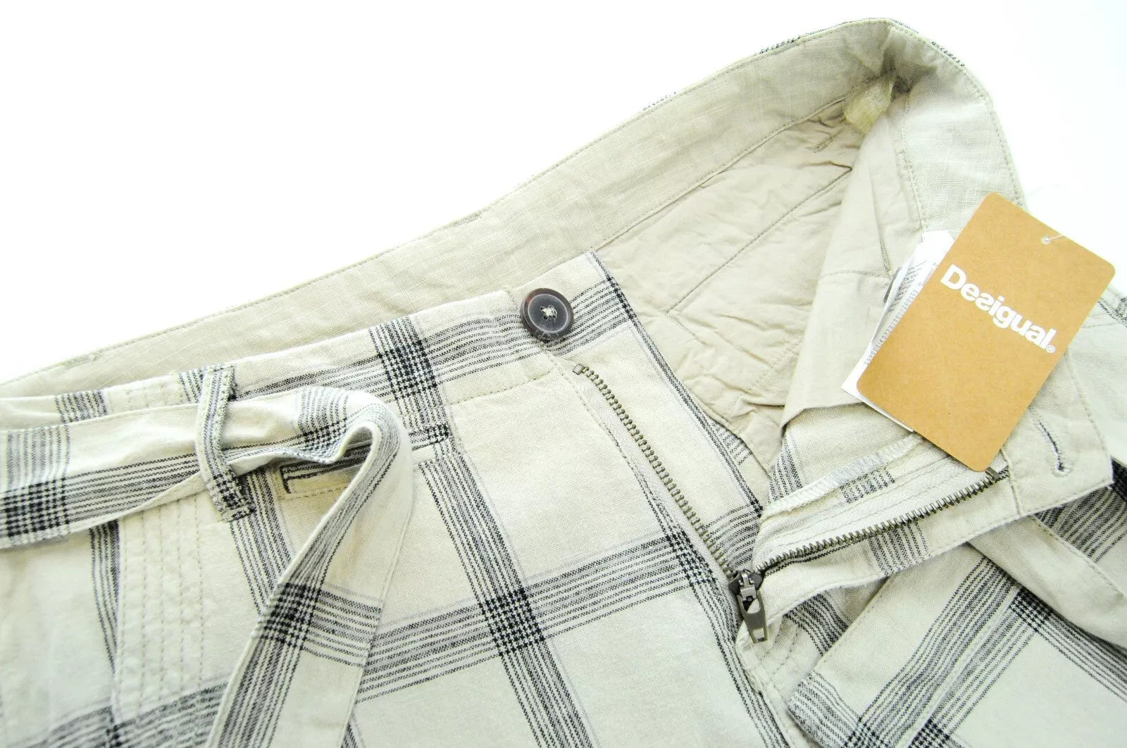 DESIGUAL Marc Men Shorts W32 Checked Pattern Linen Cotton Summer Sand Brown