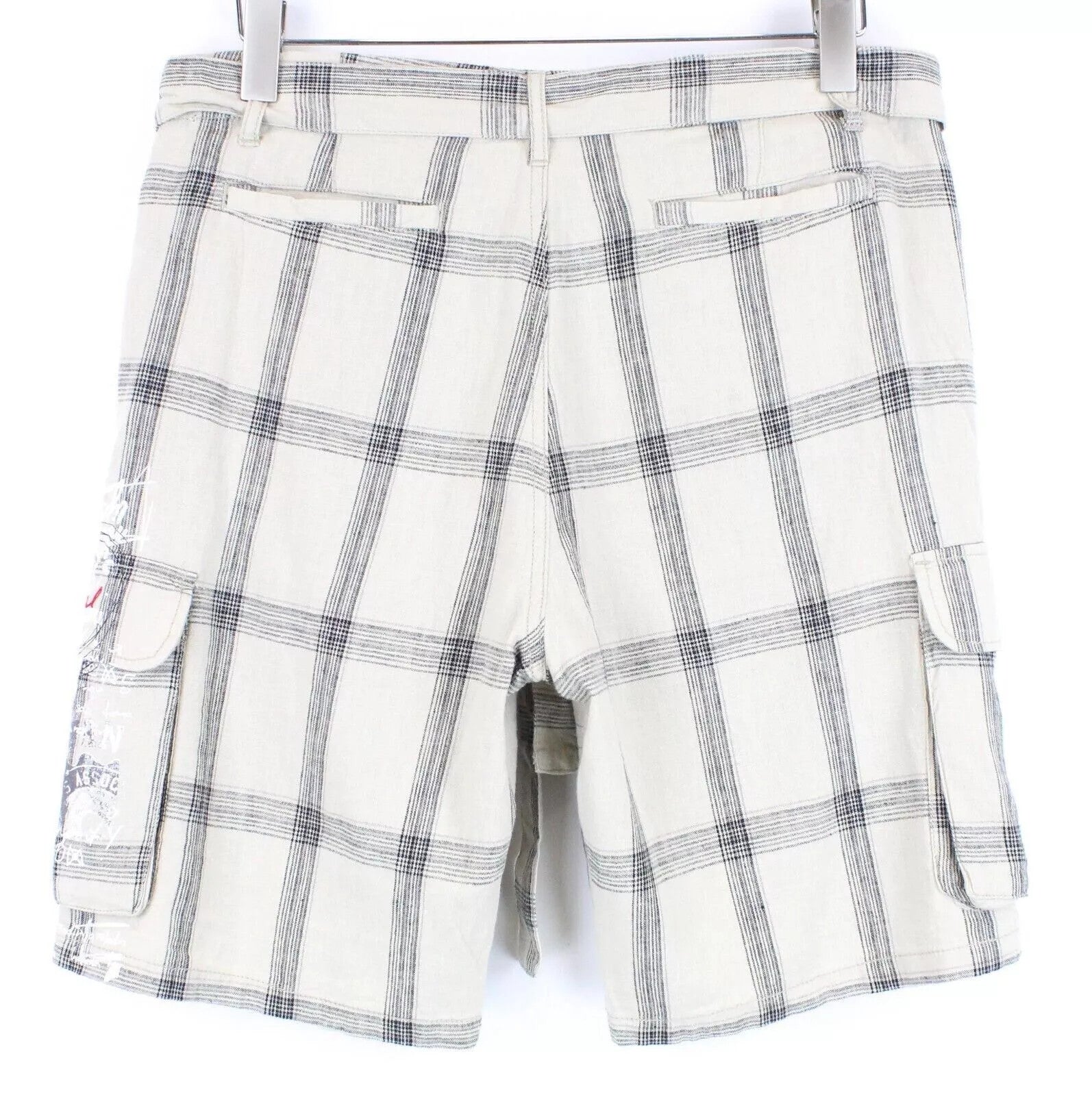 DESIGUAL Marc Men Shorts W32 Logo Checked Pattern Linen Cotton Beige Brown