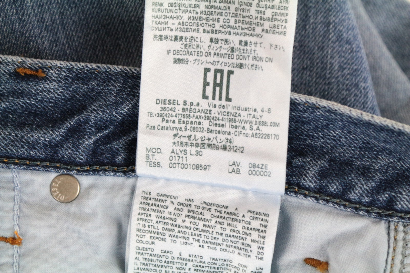 DIESEL Alys 084ZE Women Jeans W28/L30 Straight Fit Blue Pure Cotton Distressed