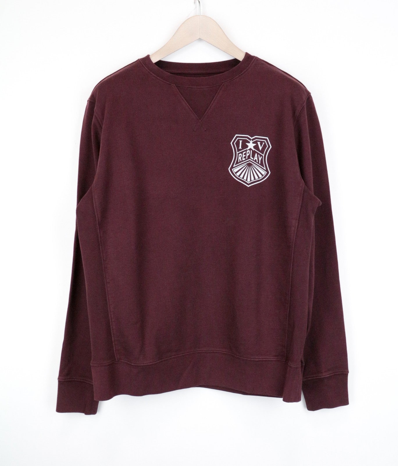 REPLAY Men Sweatshirt L Burgundy Red Casual Cotton Logo Long Sleeved Pull On