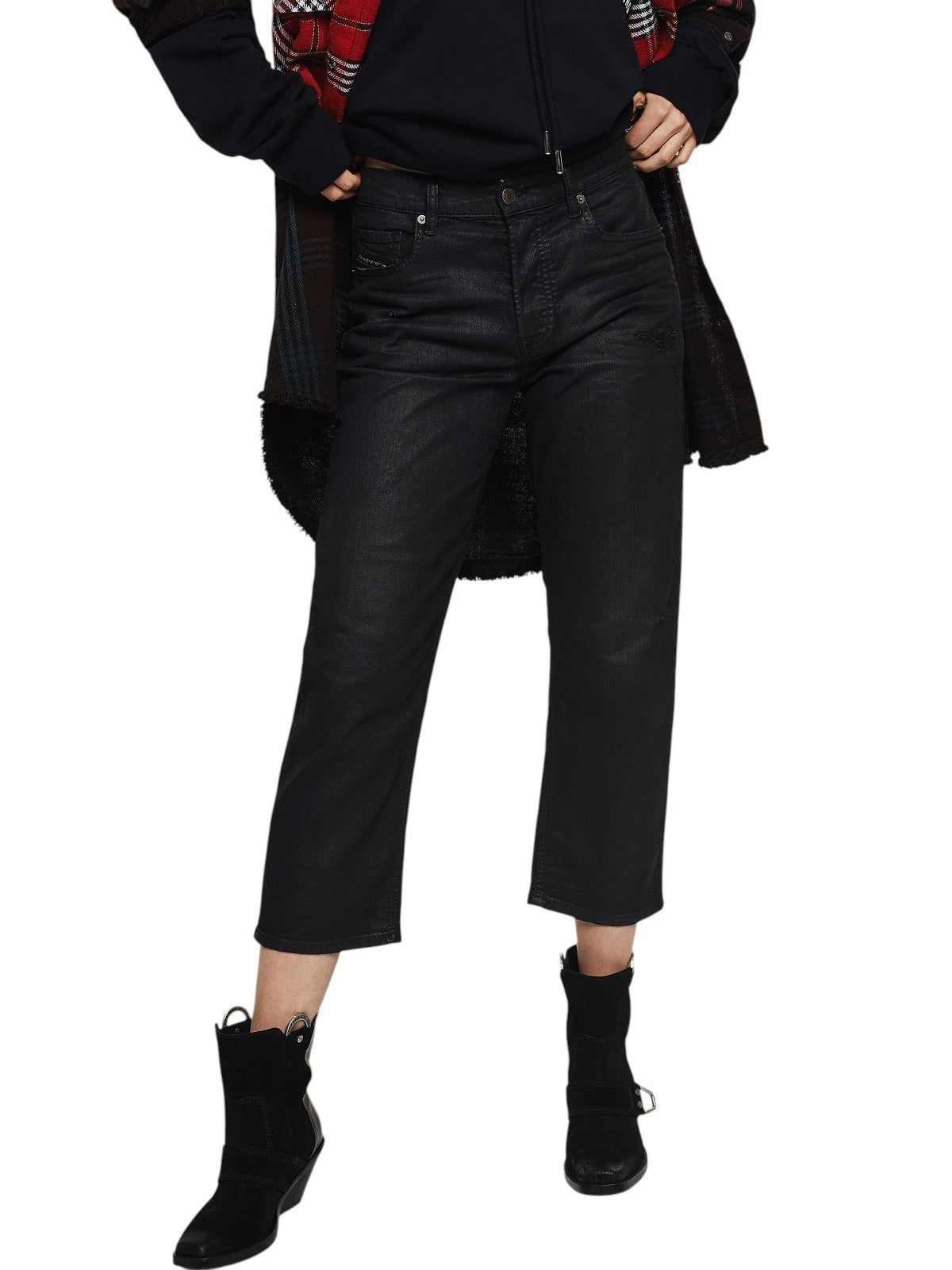 DIESEL Aryel 069JD Women Jeans W25/L30 Stretch Black Regular Straight Coated