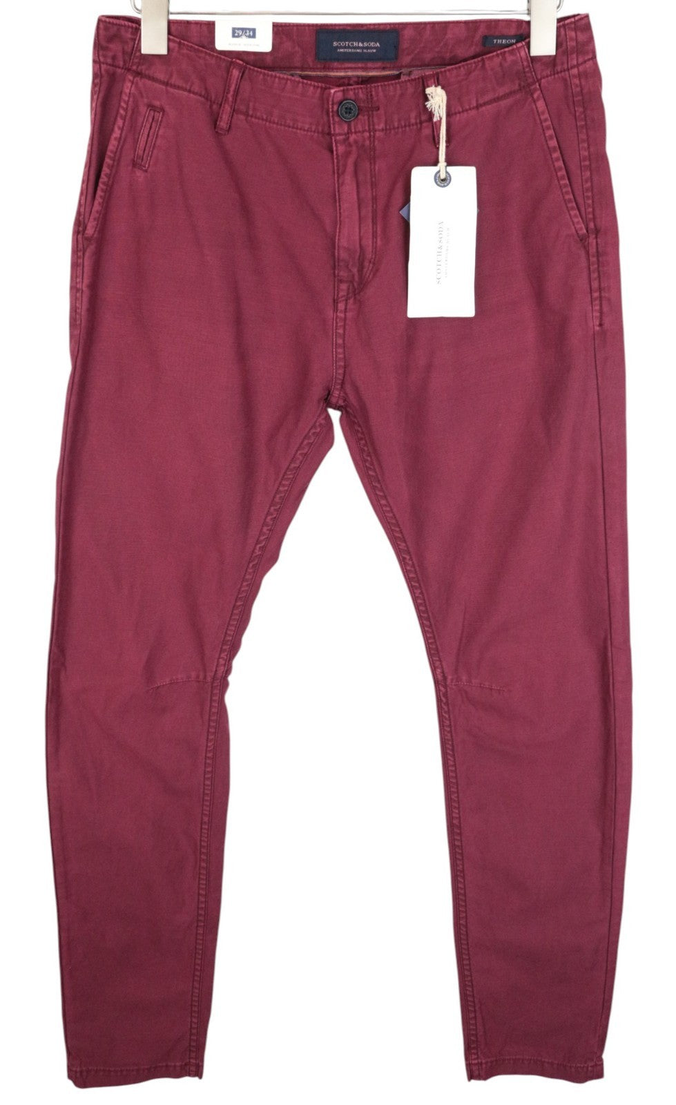 SCOTCH & SODA Theon Men Trousers W29/L34 Slim Tapered Non-Stretch Dyed Burgundy