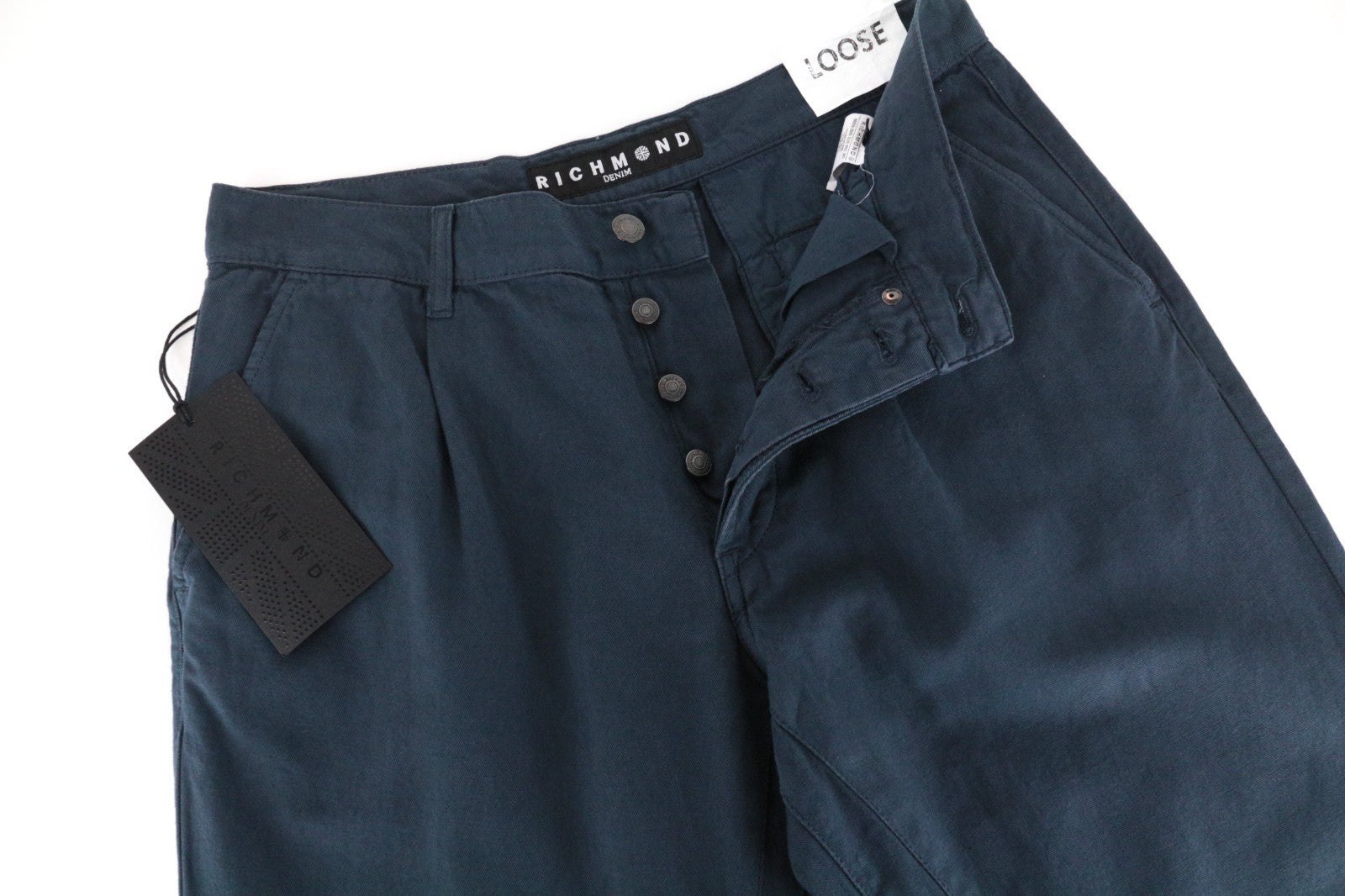 RICHMOND Men Trousers IT48 Loose Fit Buttoned Pleated Chino Classic Blue Linen