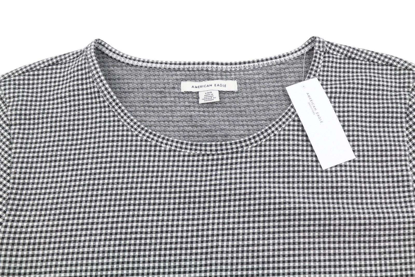 AMERICAN EAGLE OUTFITTERS Women T-Shirt L Black Plaid Pattern Crew Short Sleeve