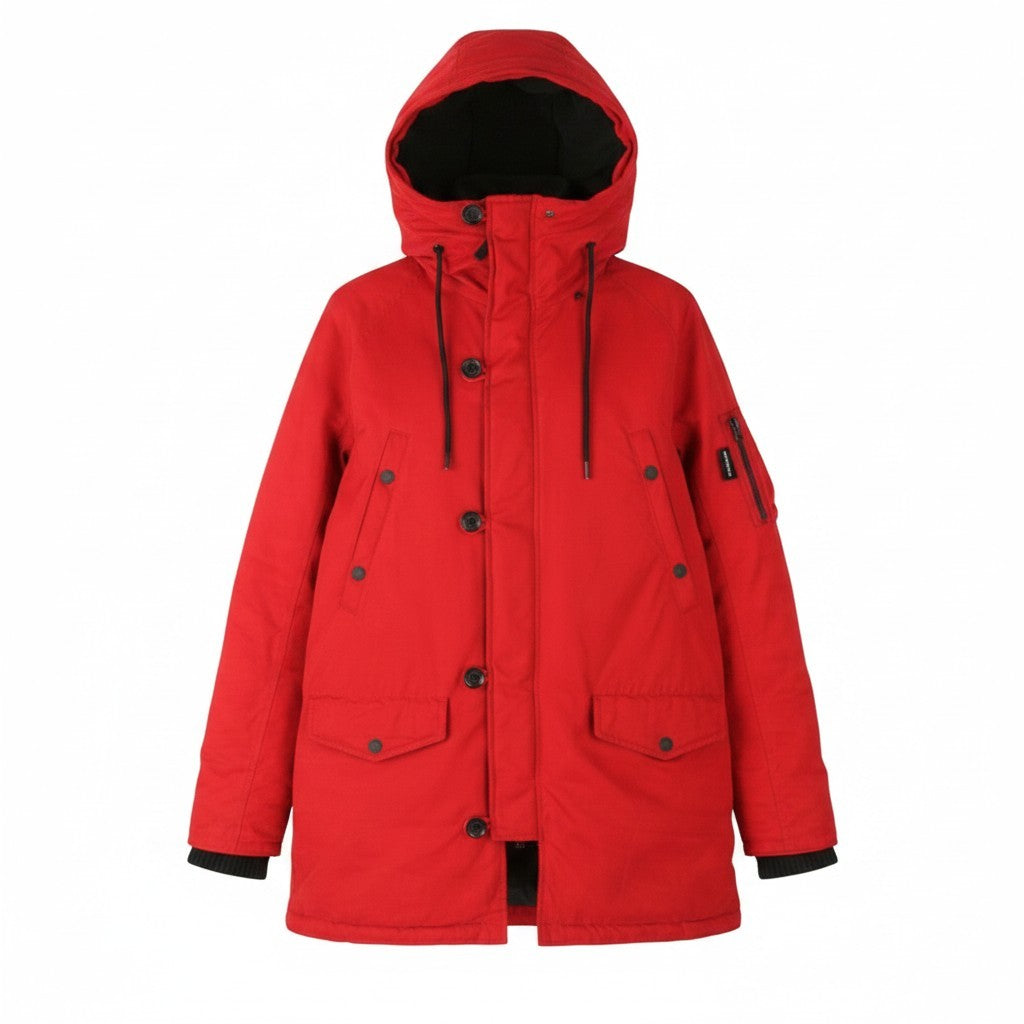 REPLAY M8869 Men Jacket XL Red Hooded Padded Full Zip Mid Length Parka