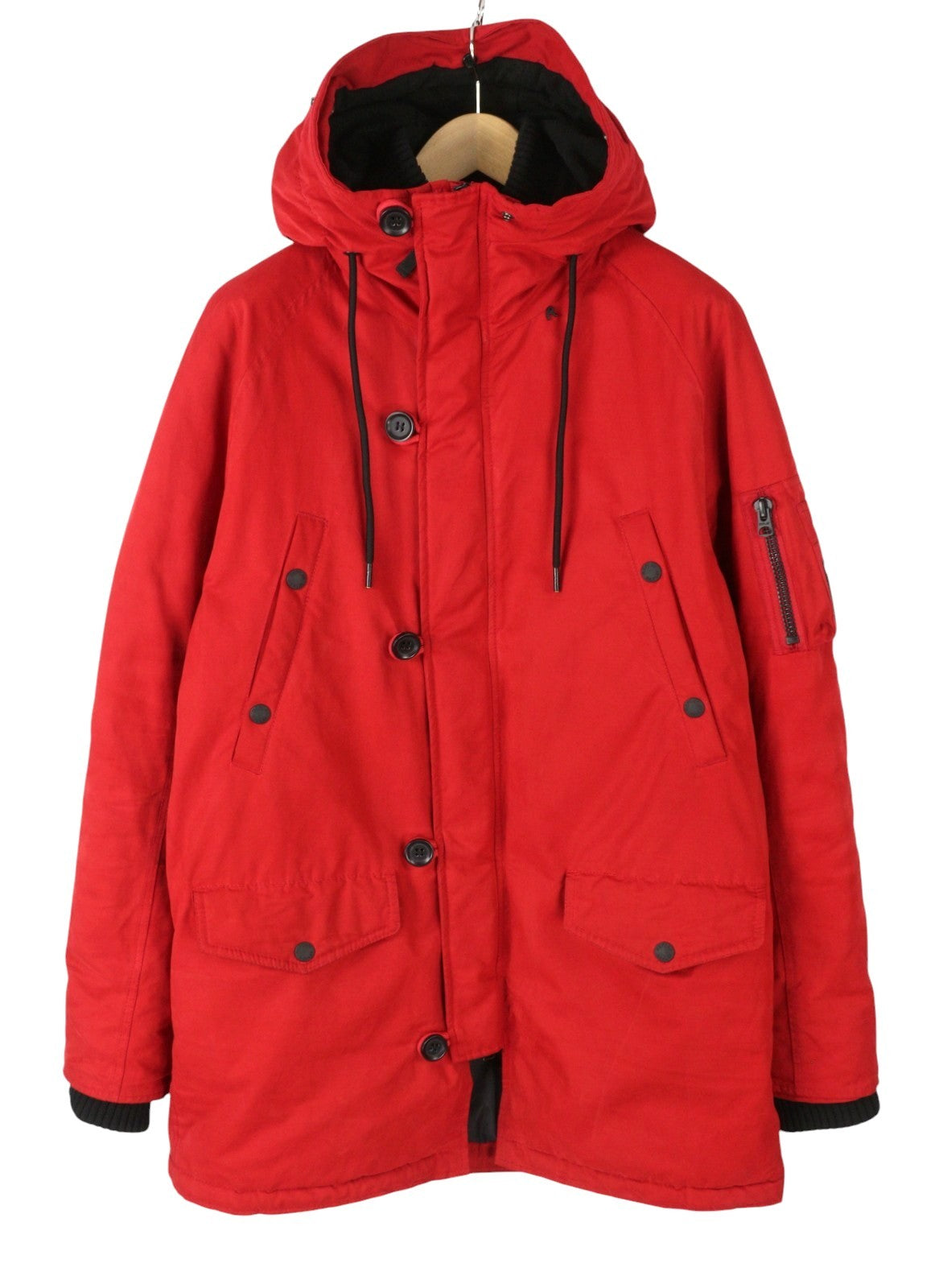 REPLAY M8869 Men Jacket XL Red Hooded Padded Full Zip Mid Length Parka