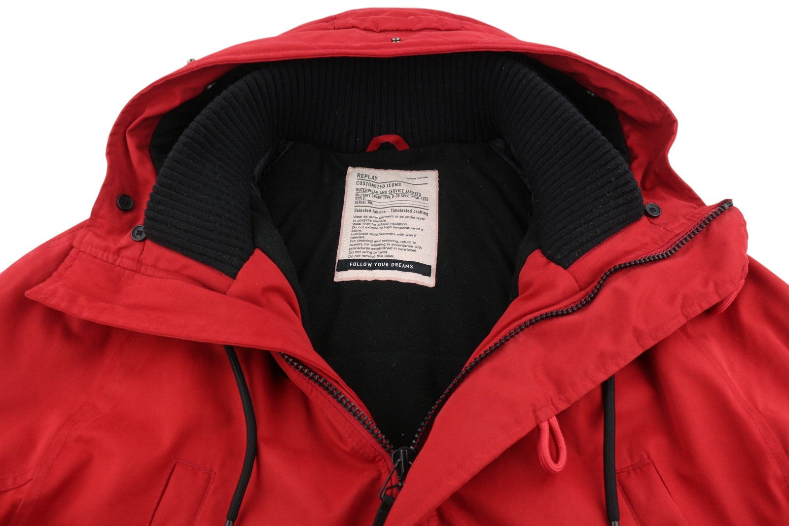 REPLAY M8869 Men Jacket XL Red Hooded Padded Full Zip Mid Length Parka