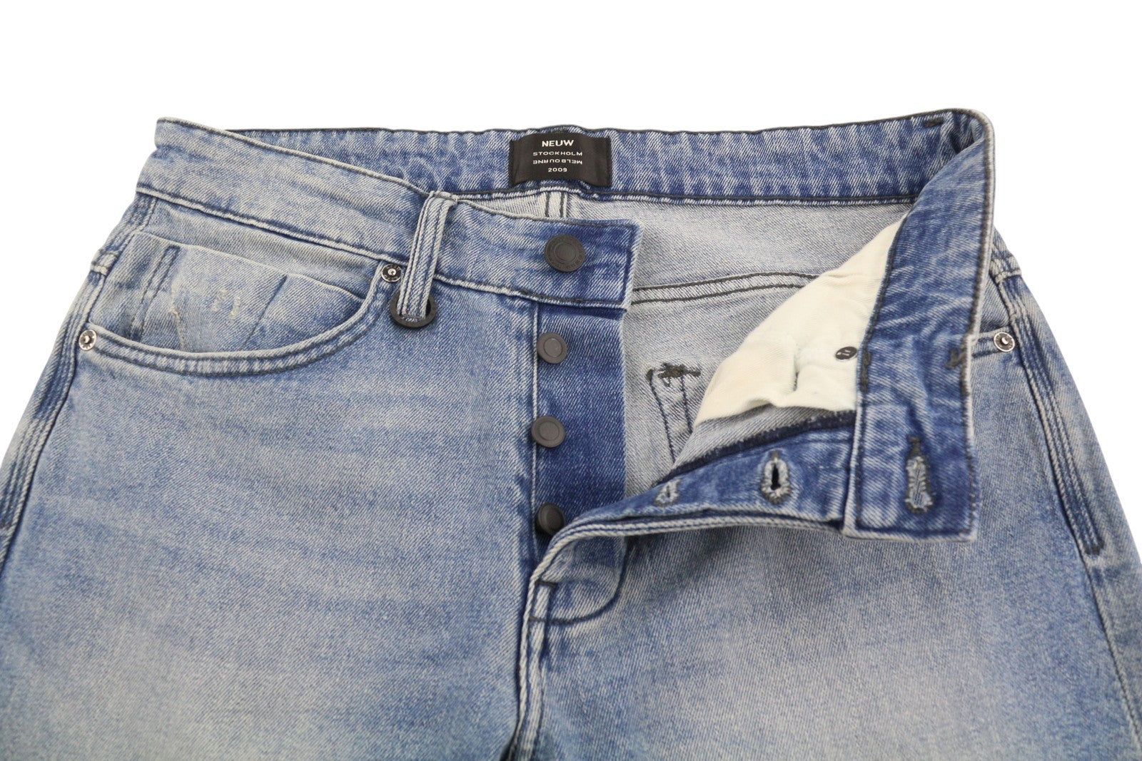 NEUW Lou Slim Men Jeans W28/L32 Blue Whiskers Faded Button Fly Denim