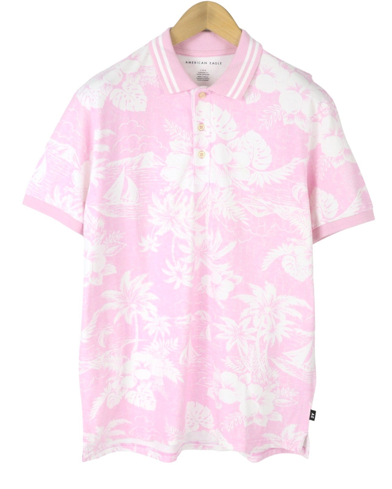 AMERICAN EAGLE OUTFITTERS Men Polos L Pink Floral Pattern Short Sleeves
