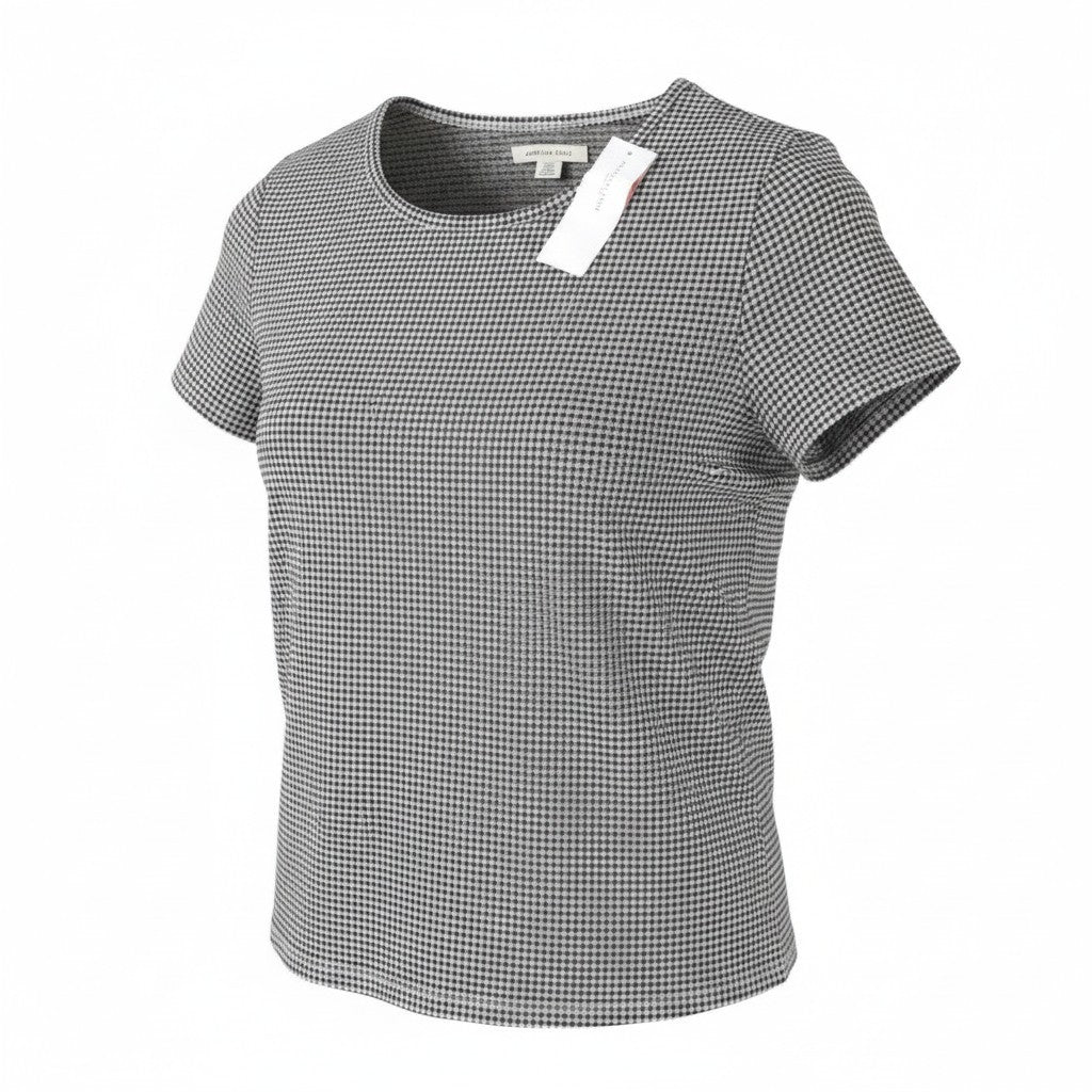 AMERICAN EAGLE OUTFITTERS Women T-Shirt M Black Plaid Pattern Crew Short Sleeve