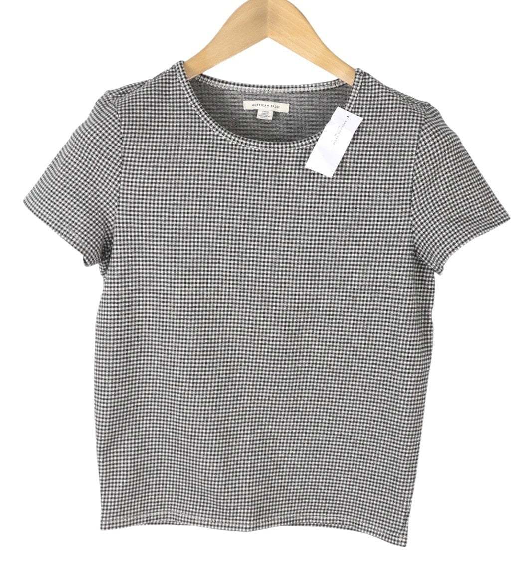 AMERICAN EAGLE OUTFITTERS Women T-Shirt M Black Plaid Pattern Crew Short Sleeve