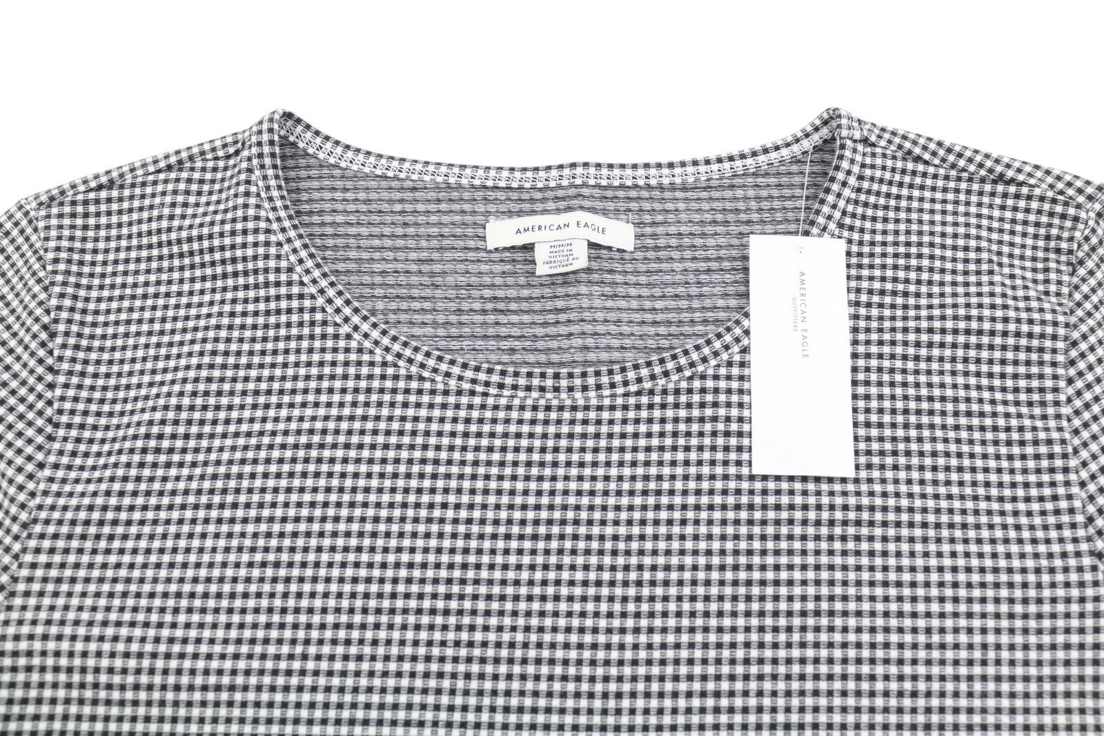AMERICAN EAGLE OUTFITTERS Women T-Shirt M Black Plaid Pattern Crew Short Sleeve