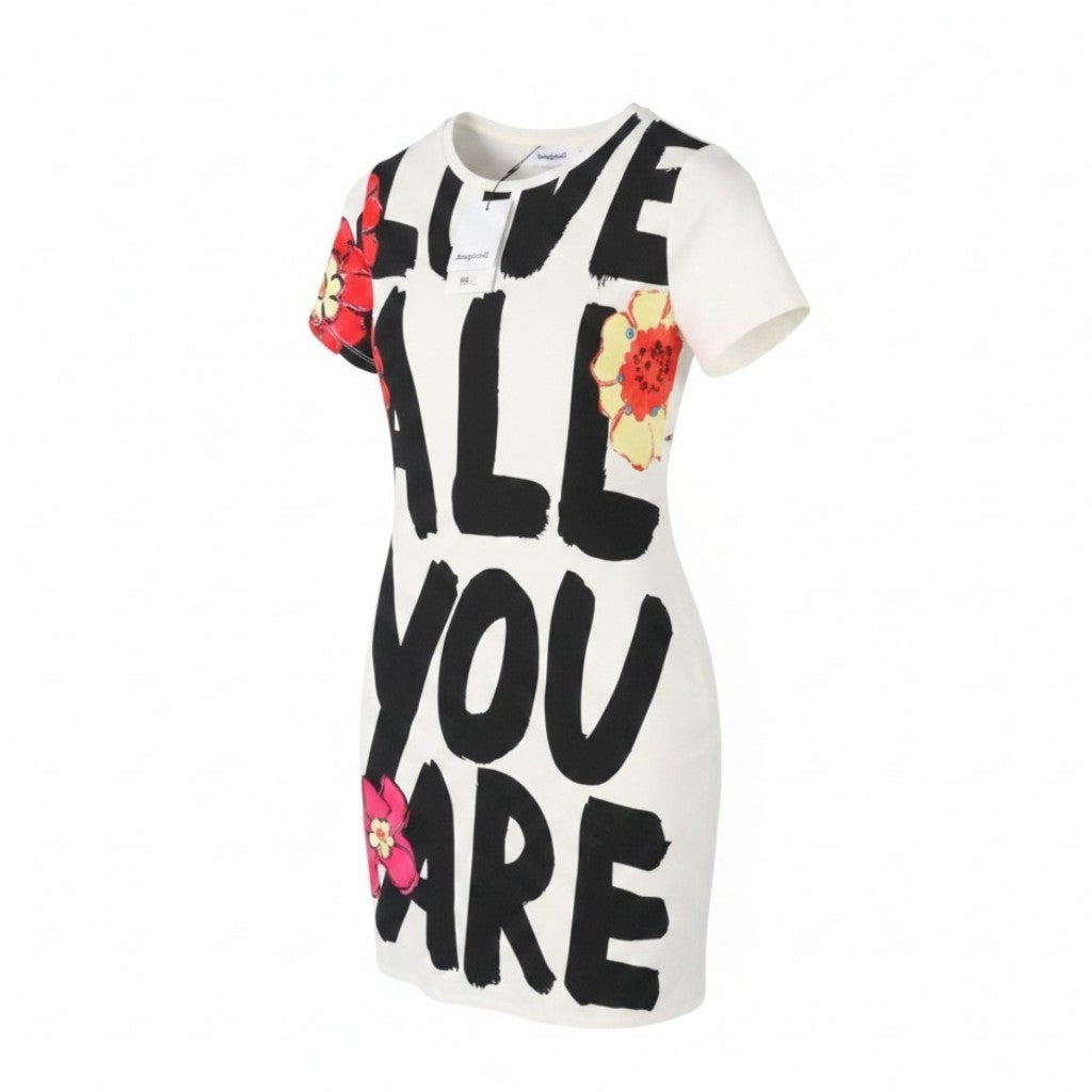 DESIGUAL Love All You Are Women Dress M White Patterned Tricot Short Sleeve