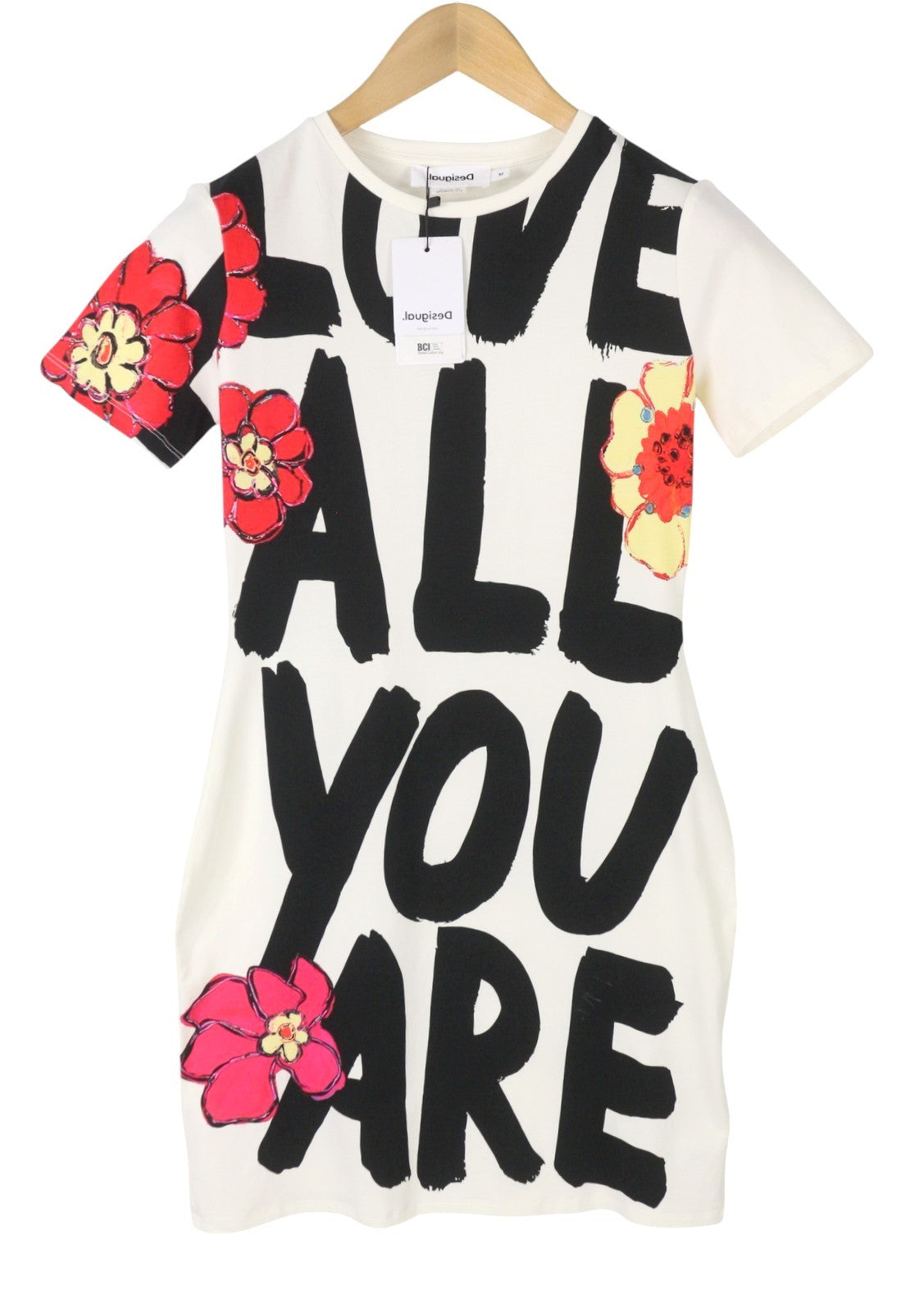 DESIGUAL Love All You Are Women Dress M White Patterned Tricot Short Sleeve