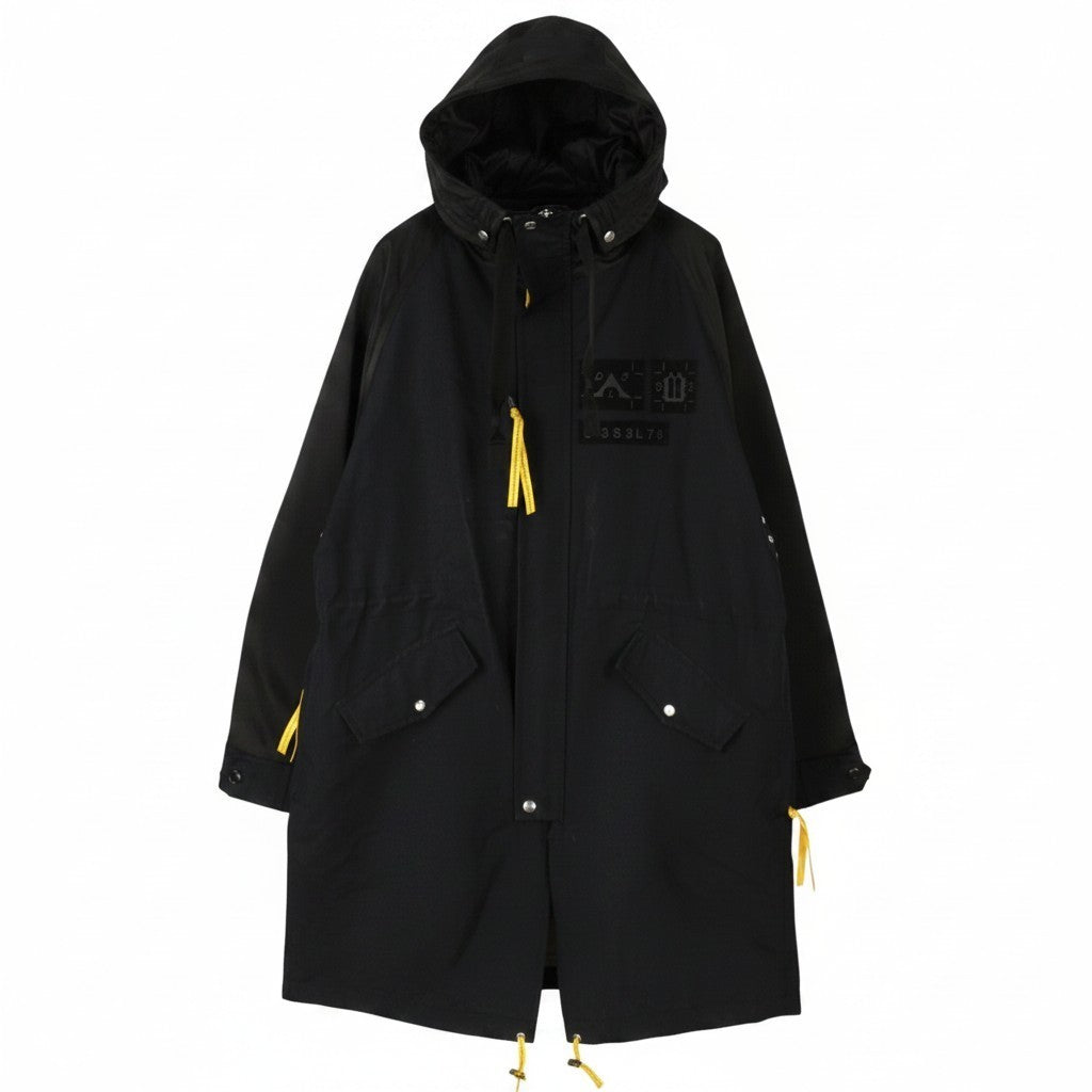 DIESEL Men Jacket 2XL Black Drawstring Waist Hooded Mid Length Parka