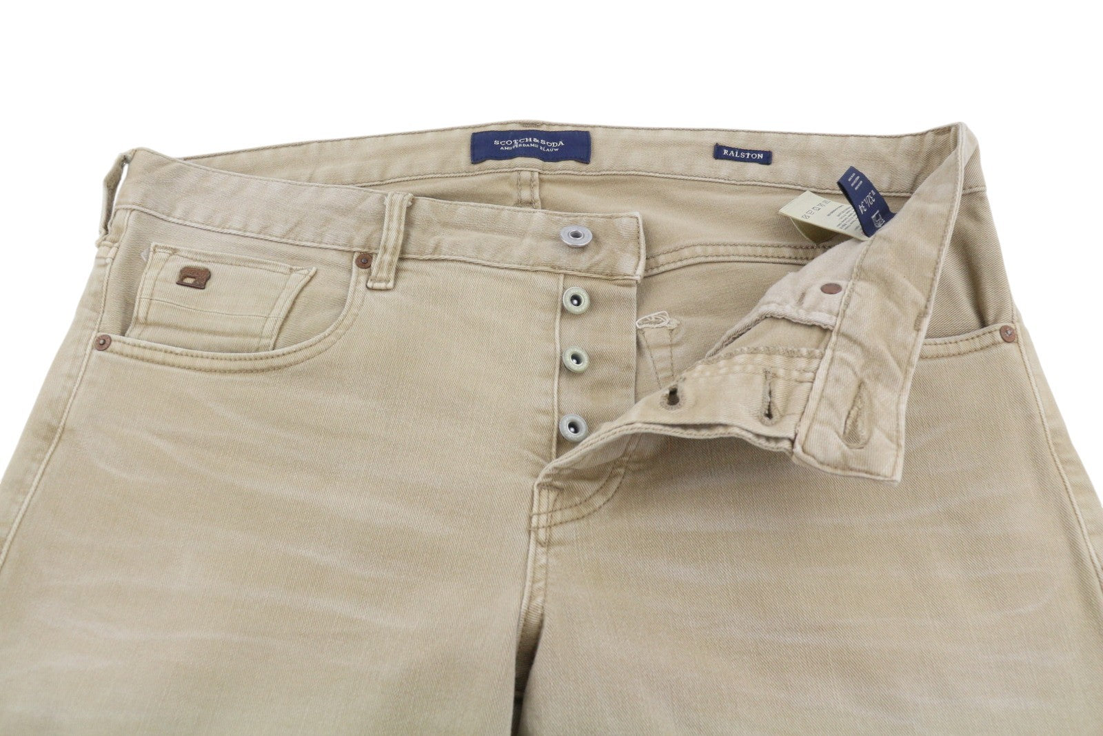 SCOTCH & SODA Ralston Men Jeans W32/L34 Beige Whiskers Faded Button Fly Slim Fit