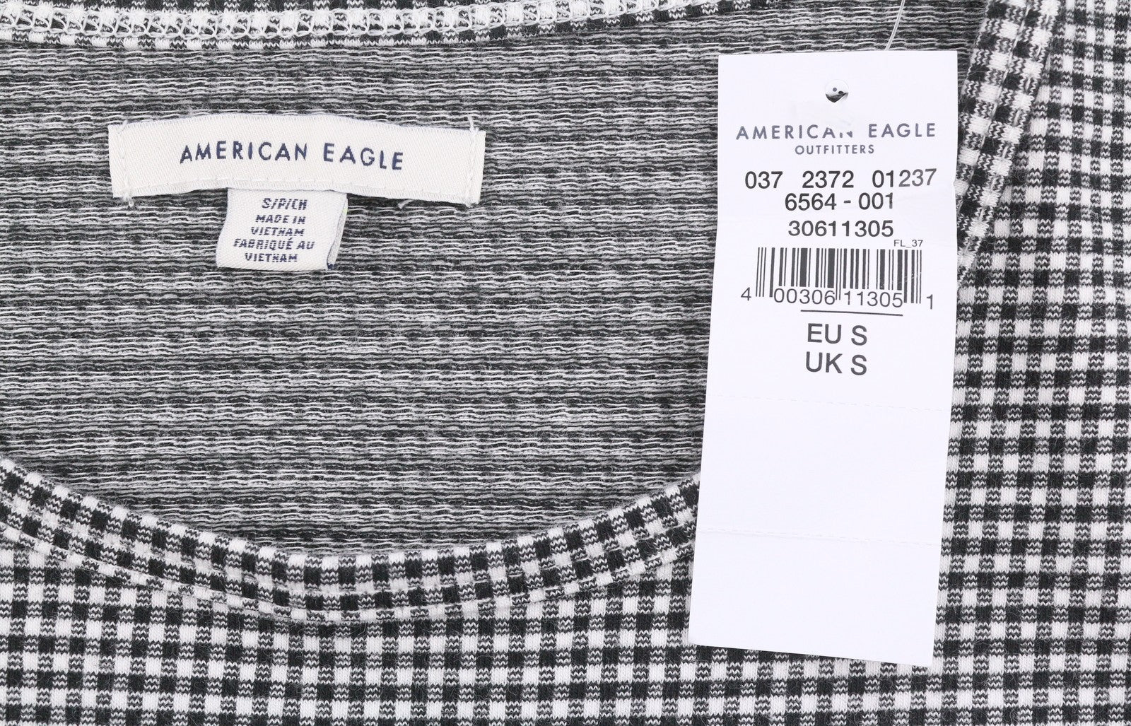 AMERICAN EAGLE OUTFITTERS Women T-Shirt S Black Plaid Pattern Crew Short Sleeve