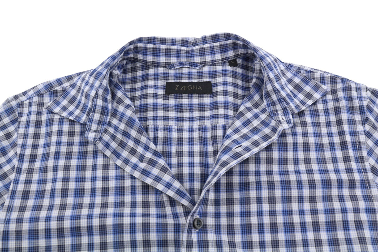 Z ZEGNA Men Shirt M Blue Plaid Button-Up Spread Short Sleeved