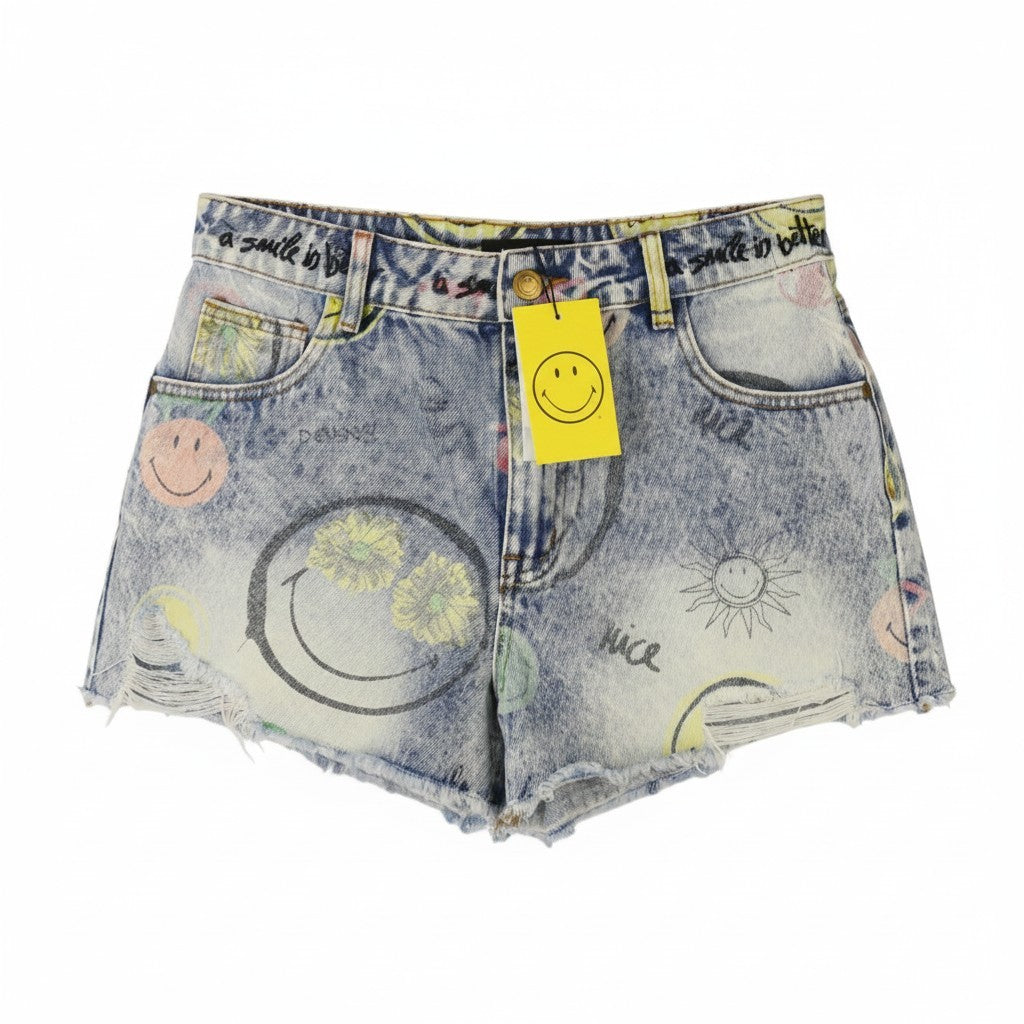 DESIGUAL Denim Smiley Women Shorts EU40 W31 Blue Patterned Faded Distress