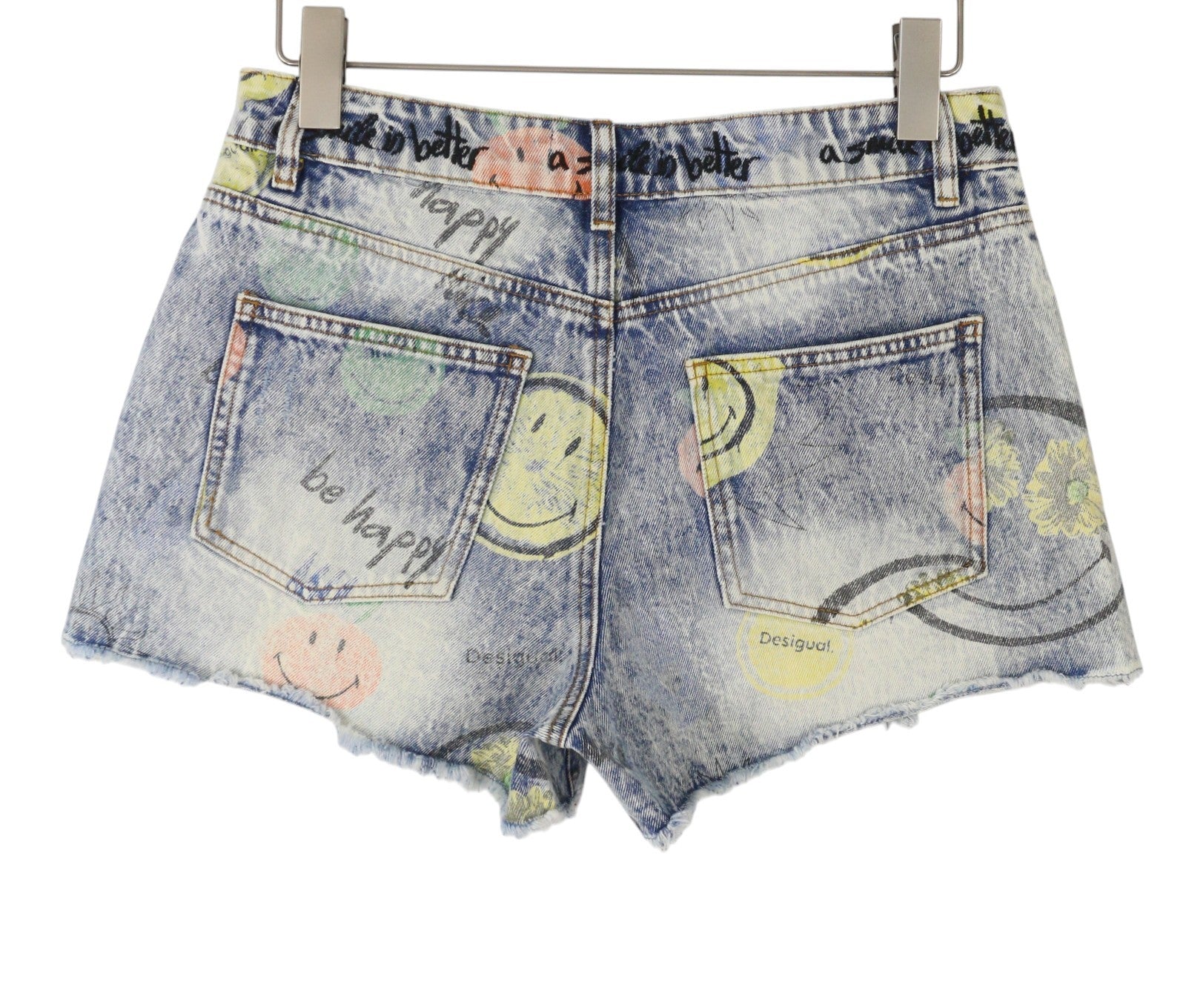 DESIGUAL Denim Smiley Women Shorts EU40 W31 Blue Patterned Faded Distress