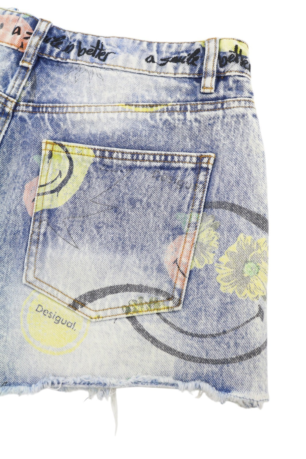 DESIGUAL Denim Smiley Women Shorts EU40 W31 Blue Patterned Faded Distress